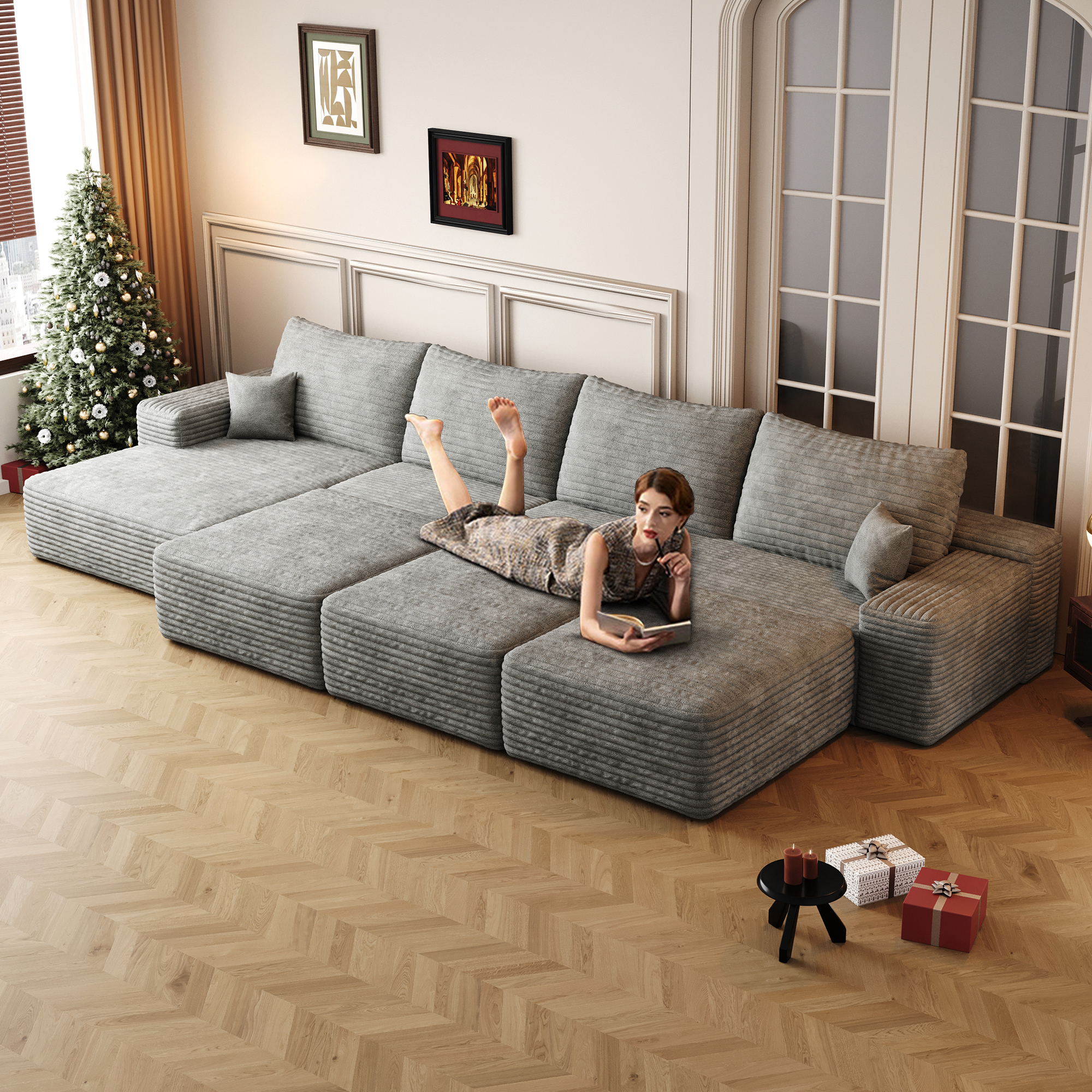 135"Large size modular cloud sofa 6 seats down sofa bed apartment living room sofa ,No Assembly Required,Grey(Plush Corduroy Fabric) - Image 3