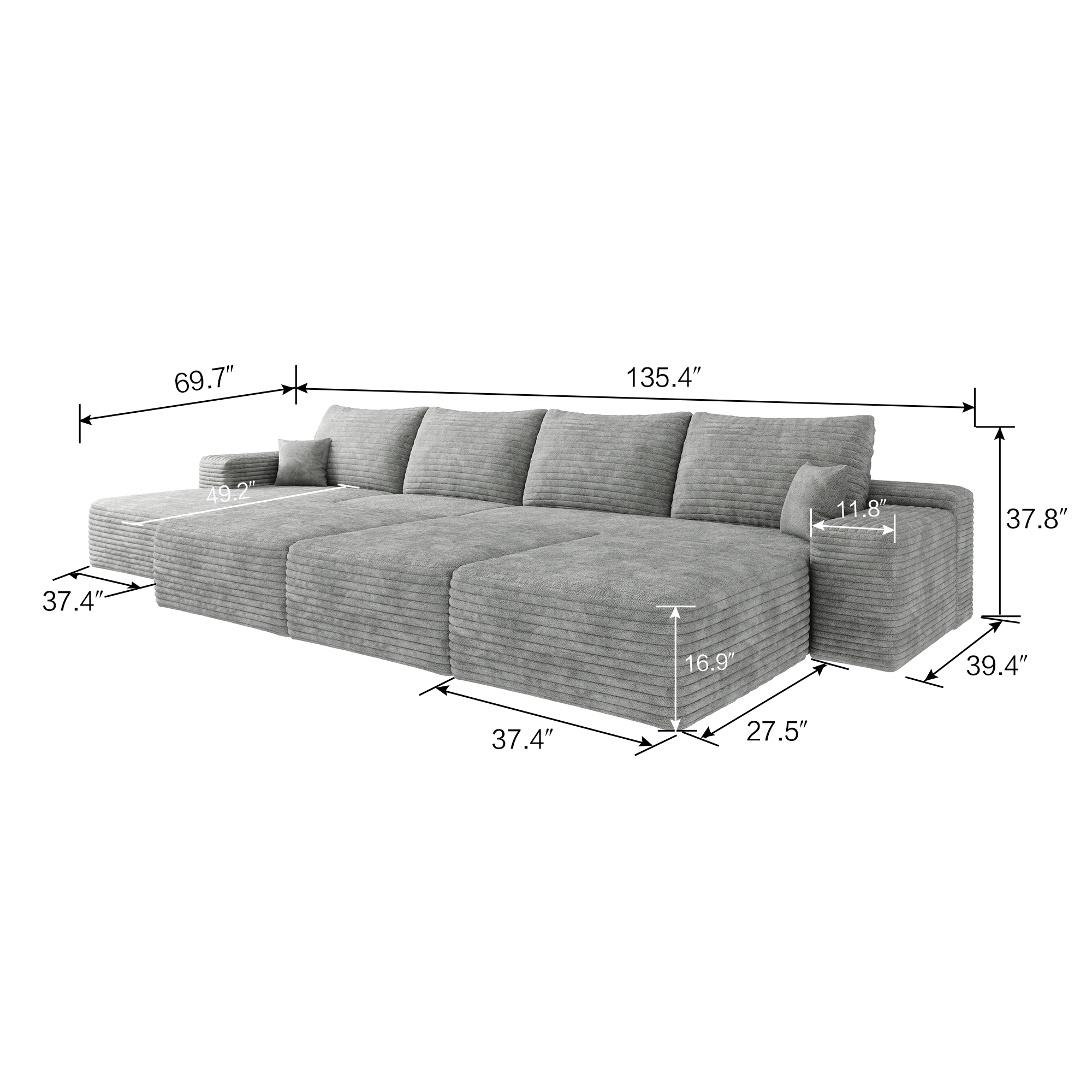 135"Large size modular cloud sofa 6 seats down sofa bed apartment living room sofa ,No Assembly Required,Grey(Plush Corduroy Fabric) - Image 4