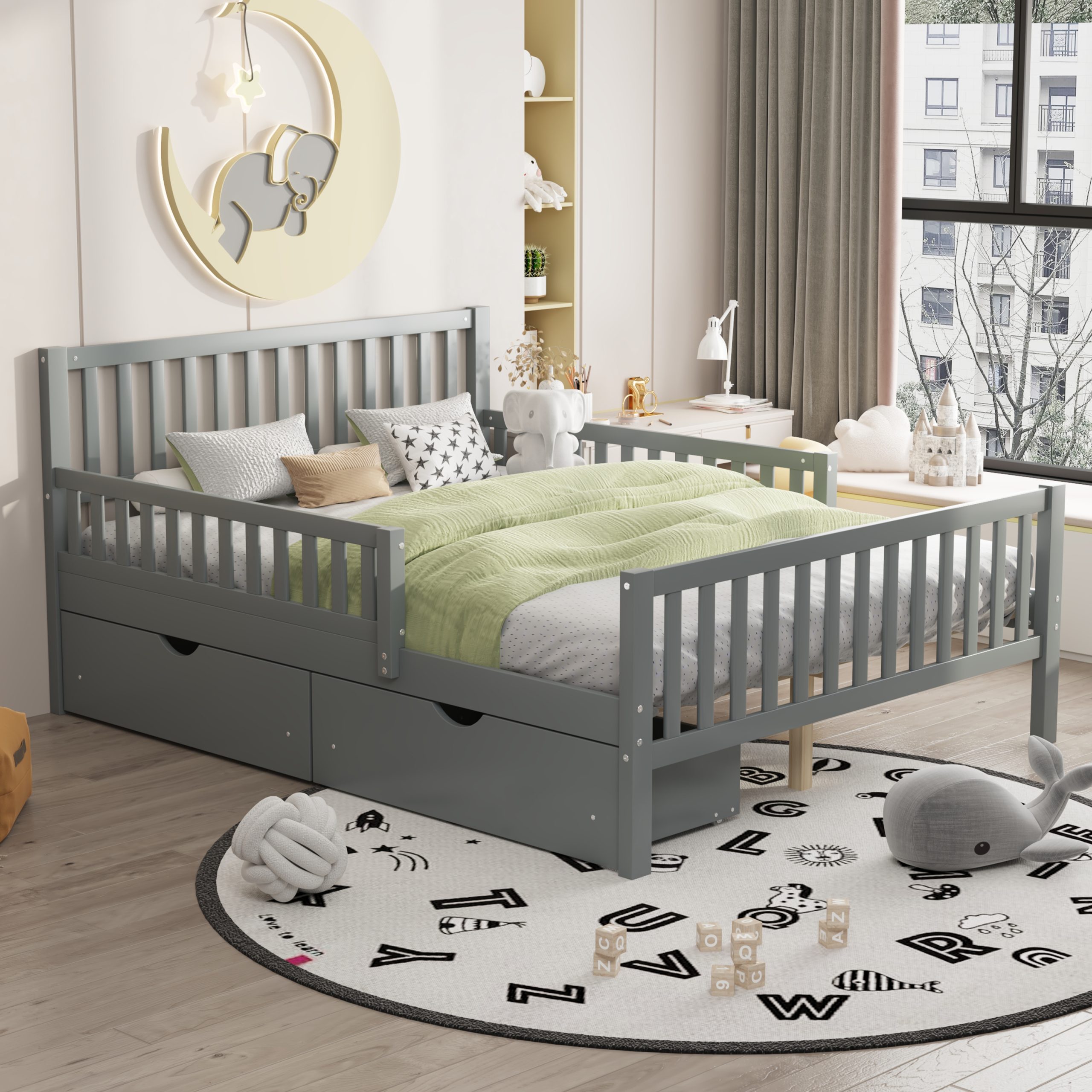 Full Size Wood Platform Bed with Guardrails on Both Sides and Two Storage Drawers, Gray - Image 2