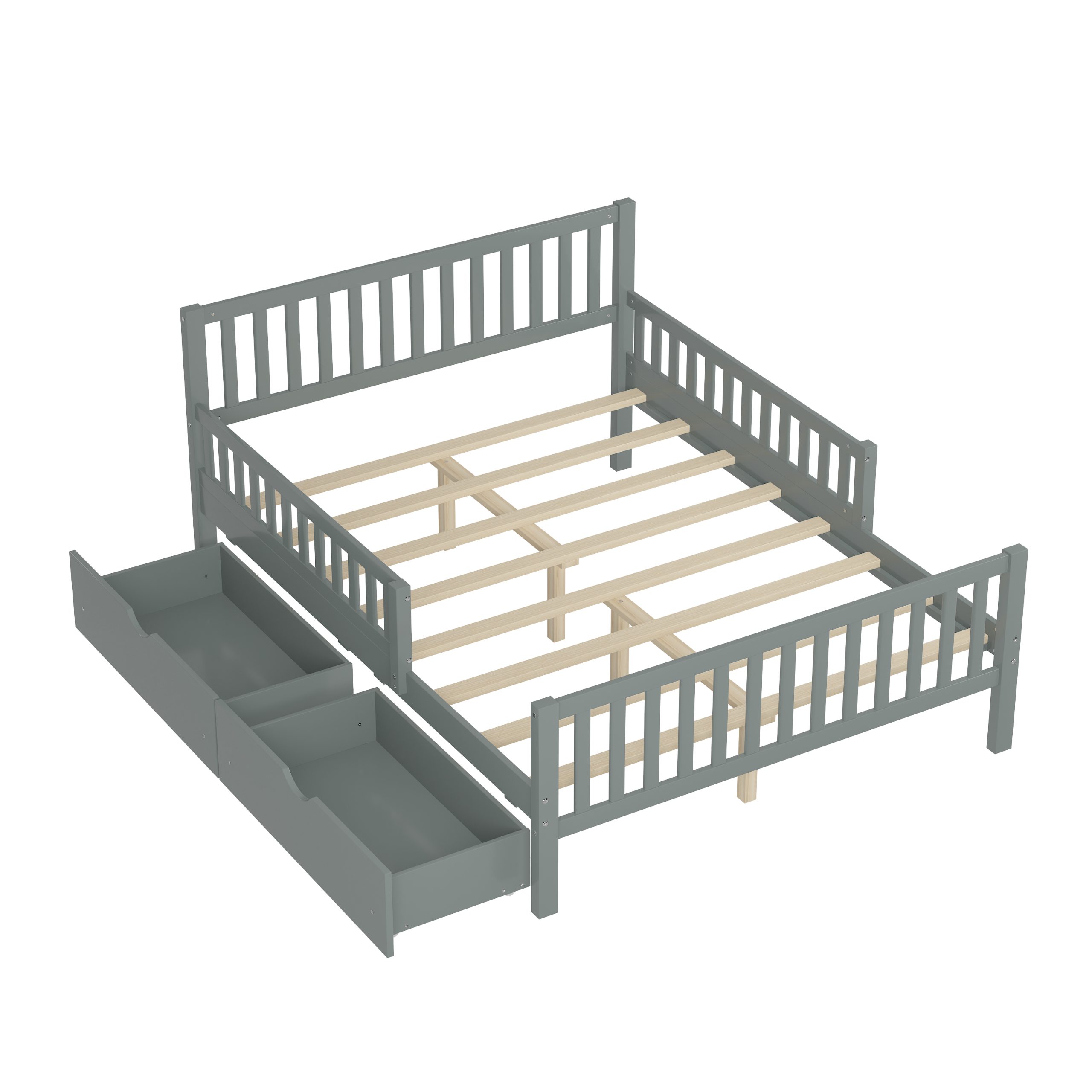 Full Size Wood Platform Bed with Guardrails on Both Sides and Two Storage Drawers, Gray - Image 4
