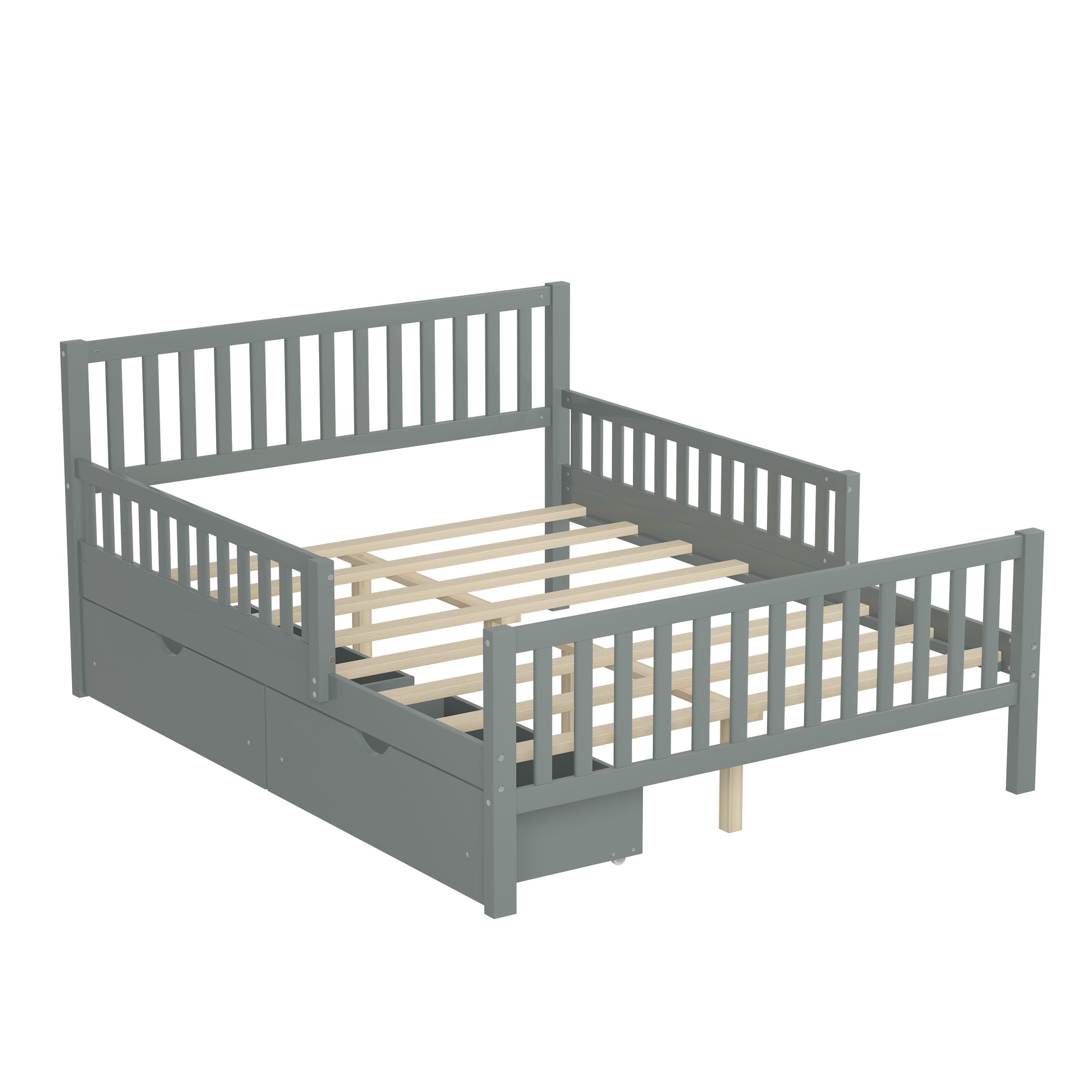 Full Size Wood Platform Bed with Guardrails on Both Sides and Two Storage Drawers, Gray - Image 5