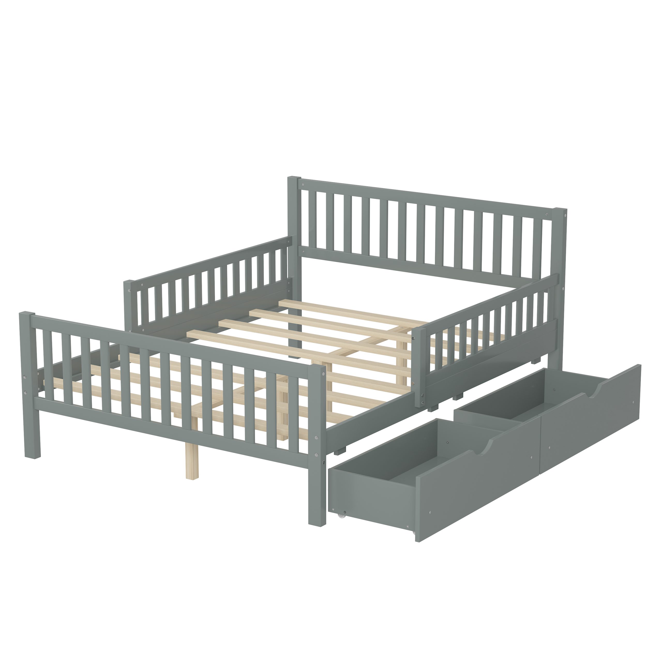 Full Size Wood Platform Bed with Guardrails on Both Sides and Two Storage Drawers, Gray - Image 6