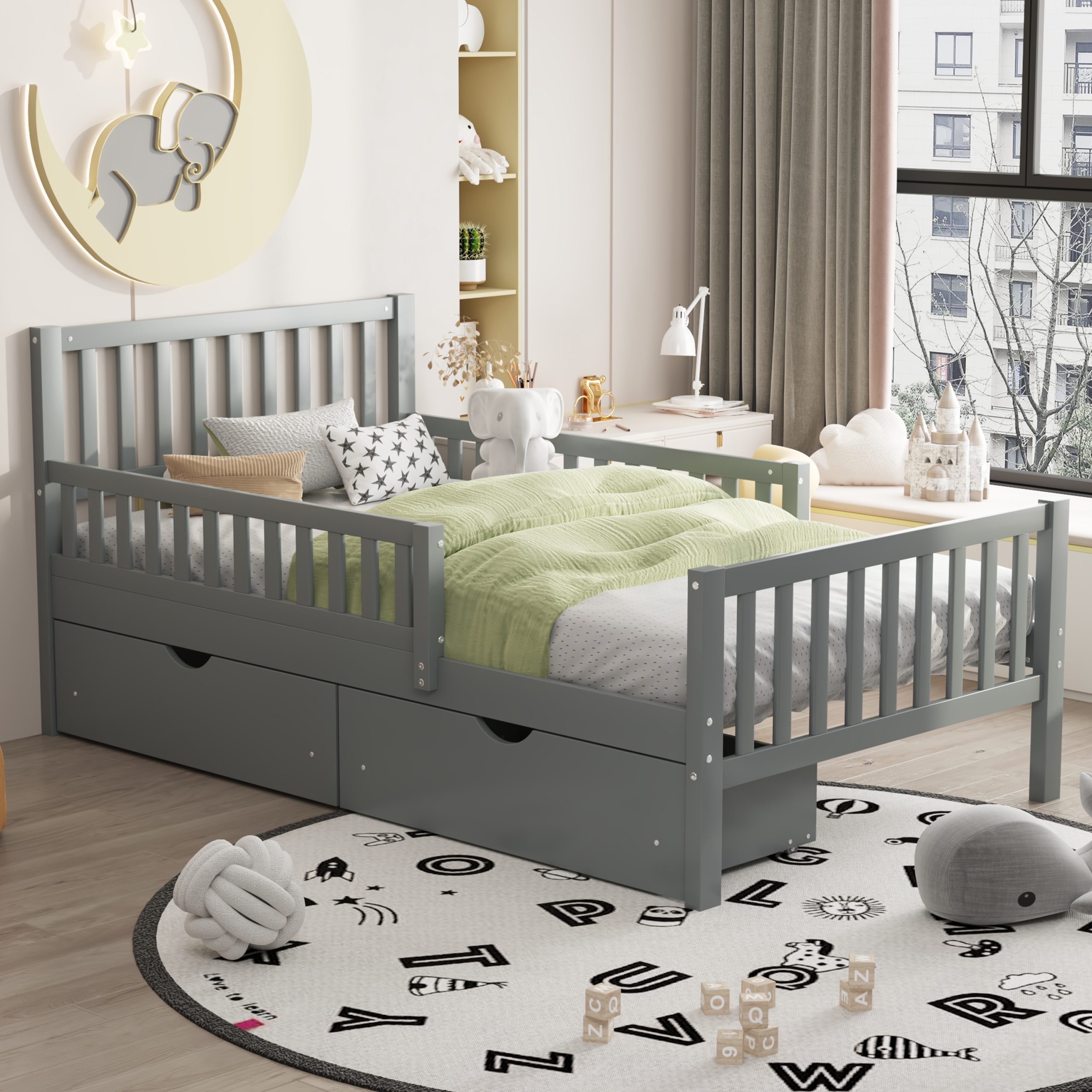 Twin Size Wood Platform Bed with Guardrails on Both Sides and Two Storage Drawers, Gray - Image 2