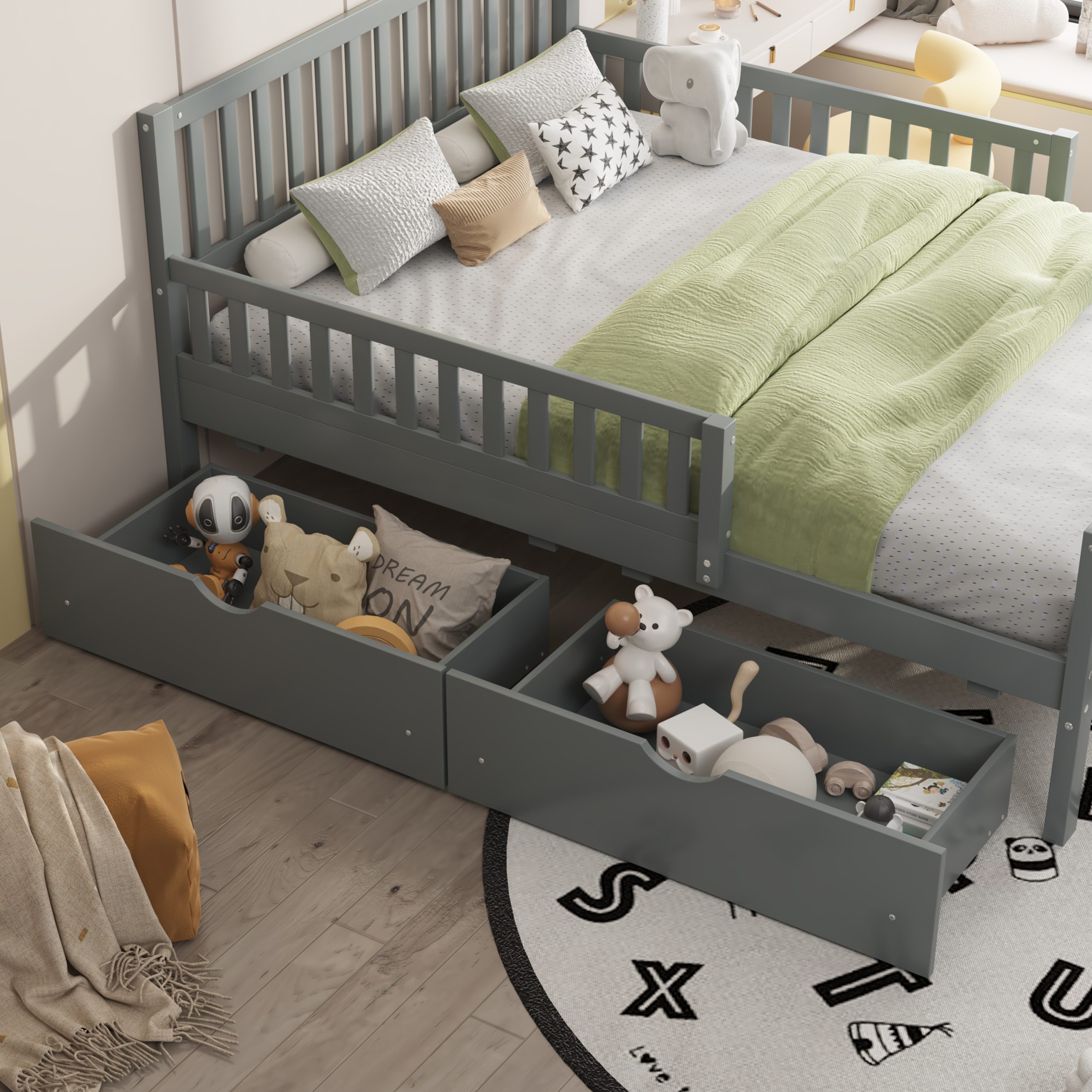 Twin Size Wood Platform Bed with Guardrails on Both Sides and Two Storage Drawers, Gray - Image 3