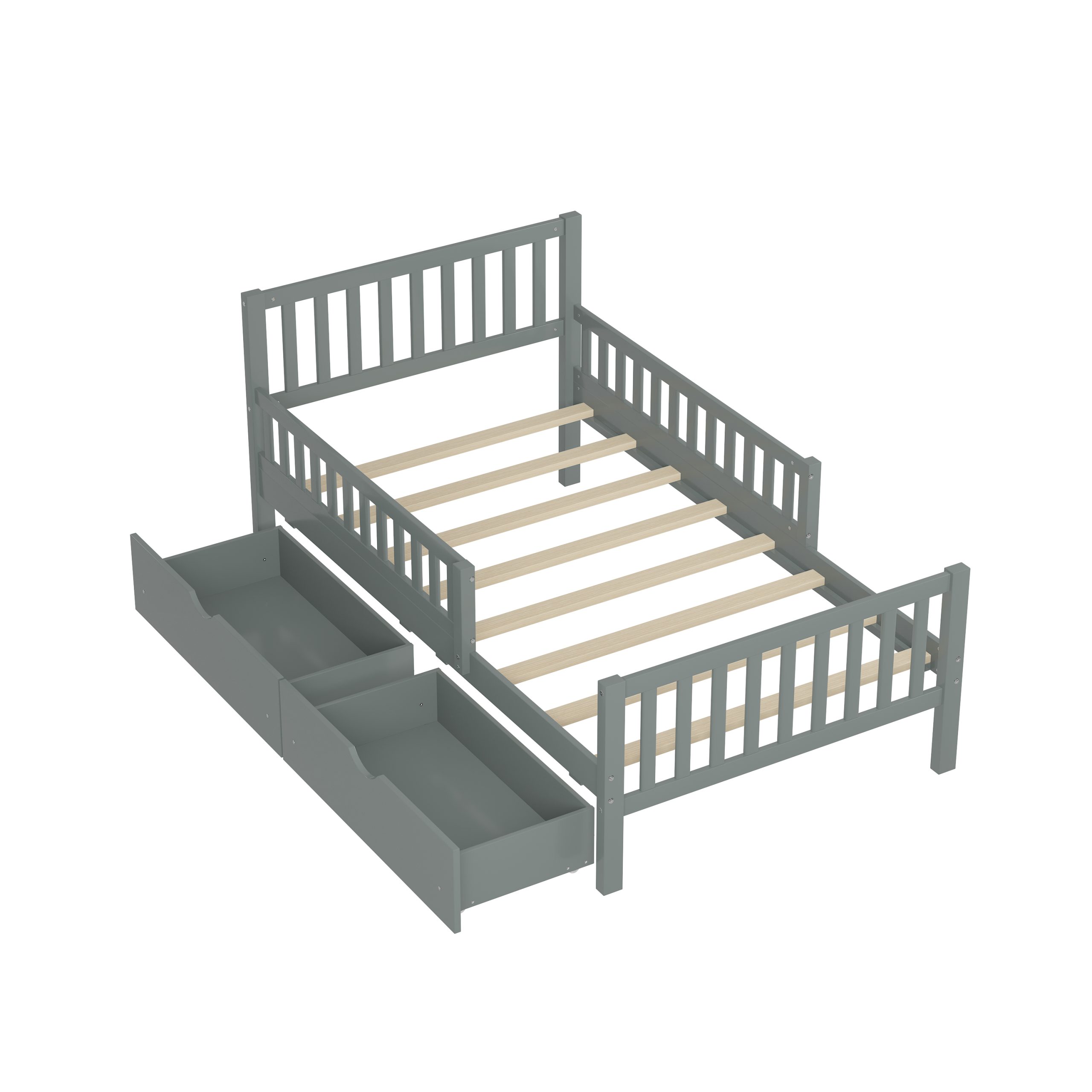 Twin Size Wood Platform Bed with Guardrails on Both Sides and Two Storage Drawers, Gray - Image 4