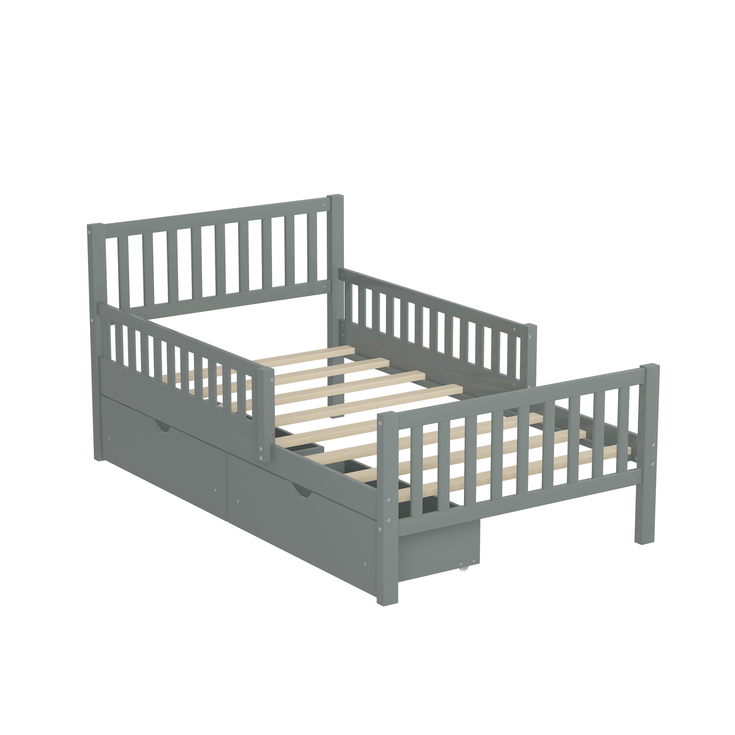 Twin Size Wood Platform Bed with Guardrails on Both Sides and Two Storage Drawers, Gray - Image 5
