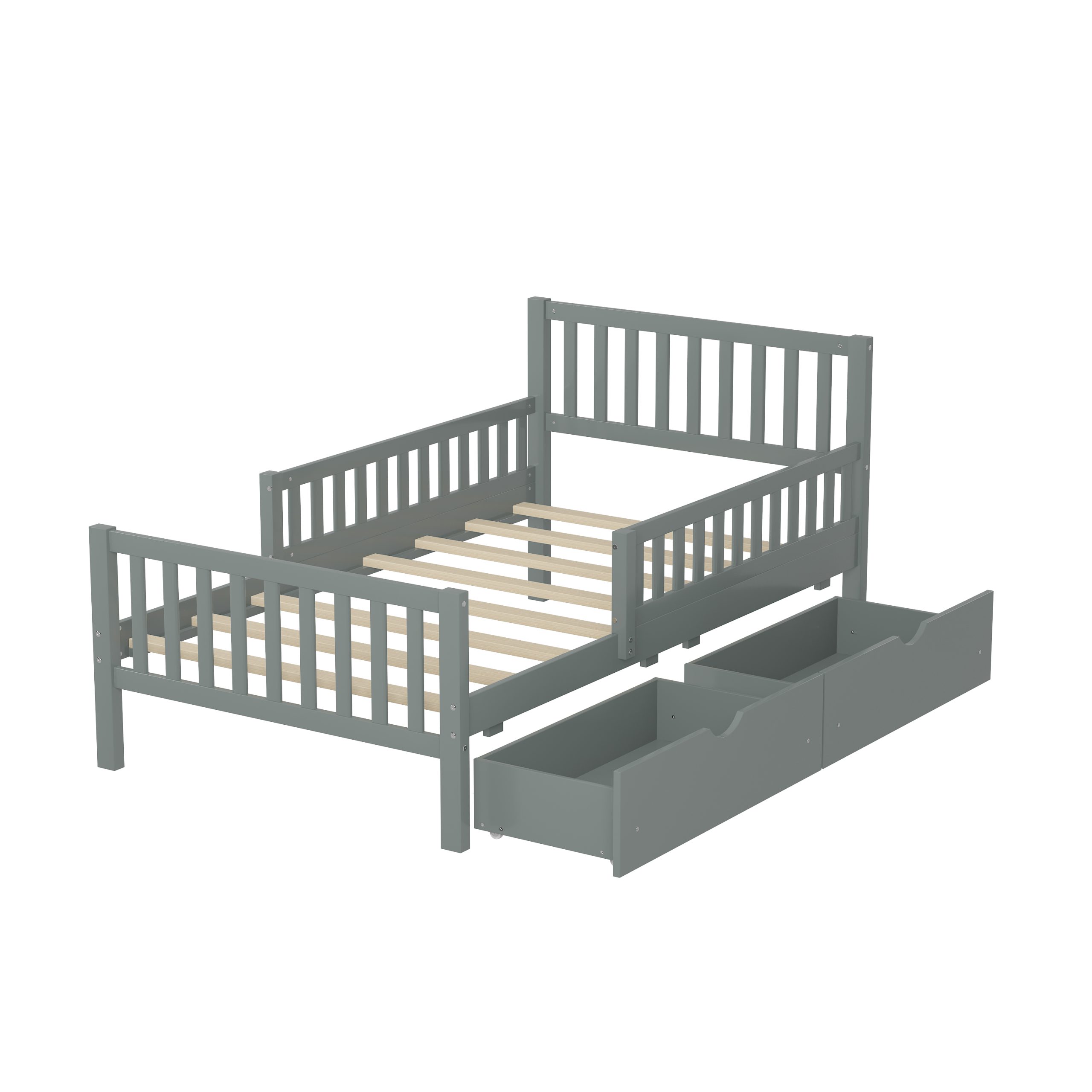 Twin Size Wood Platform Bed with Guardrails on Both Sides and Two Storage Drawers, Gray - Image 6