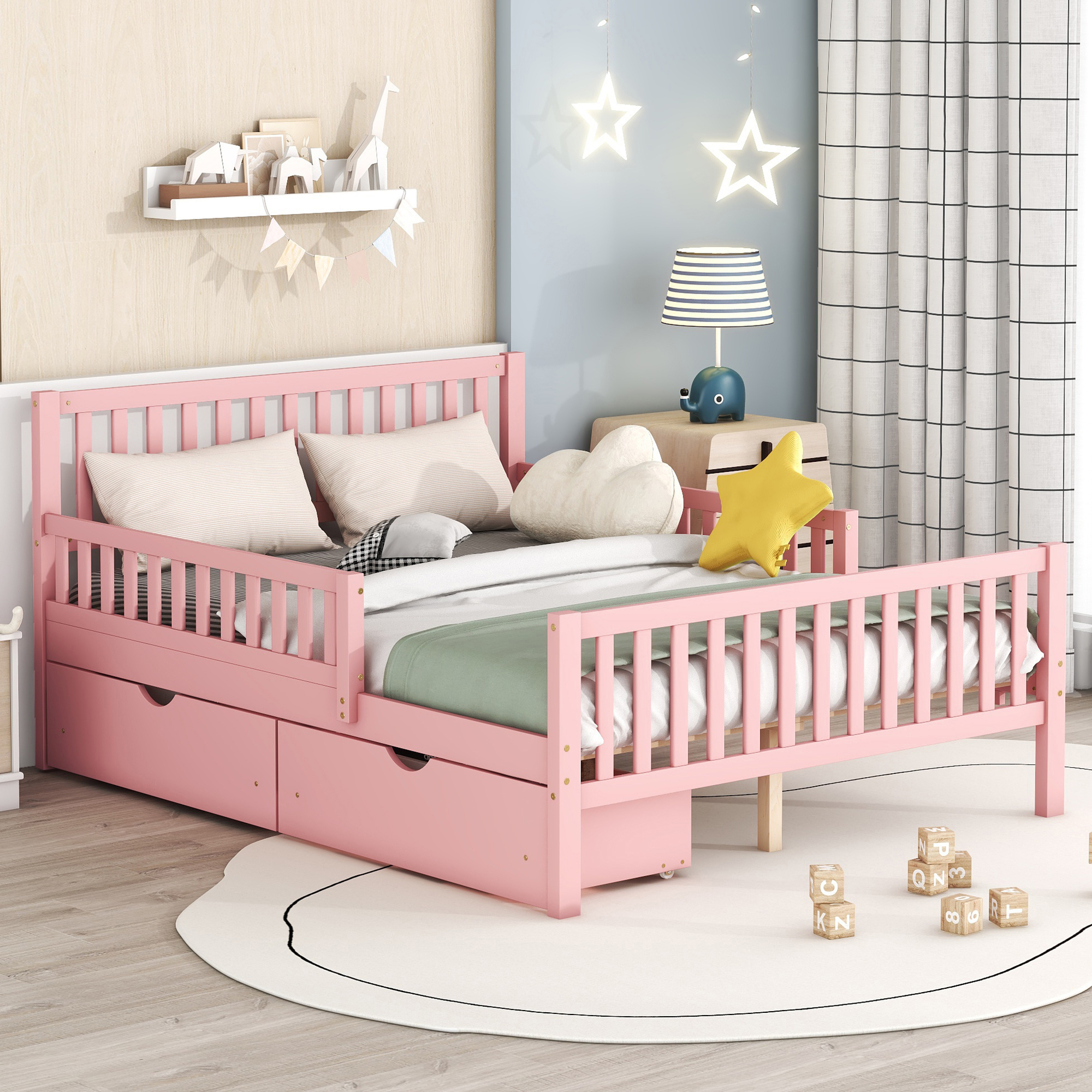Full Size Wood Platform Bed with Guardrails on Both Sides and Two Storage Drawers ,Pink - Image 2