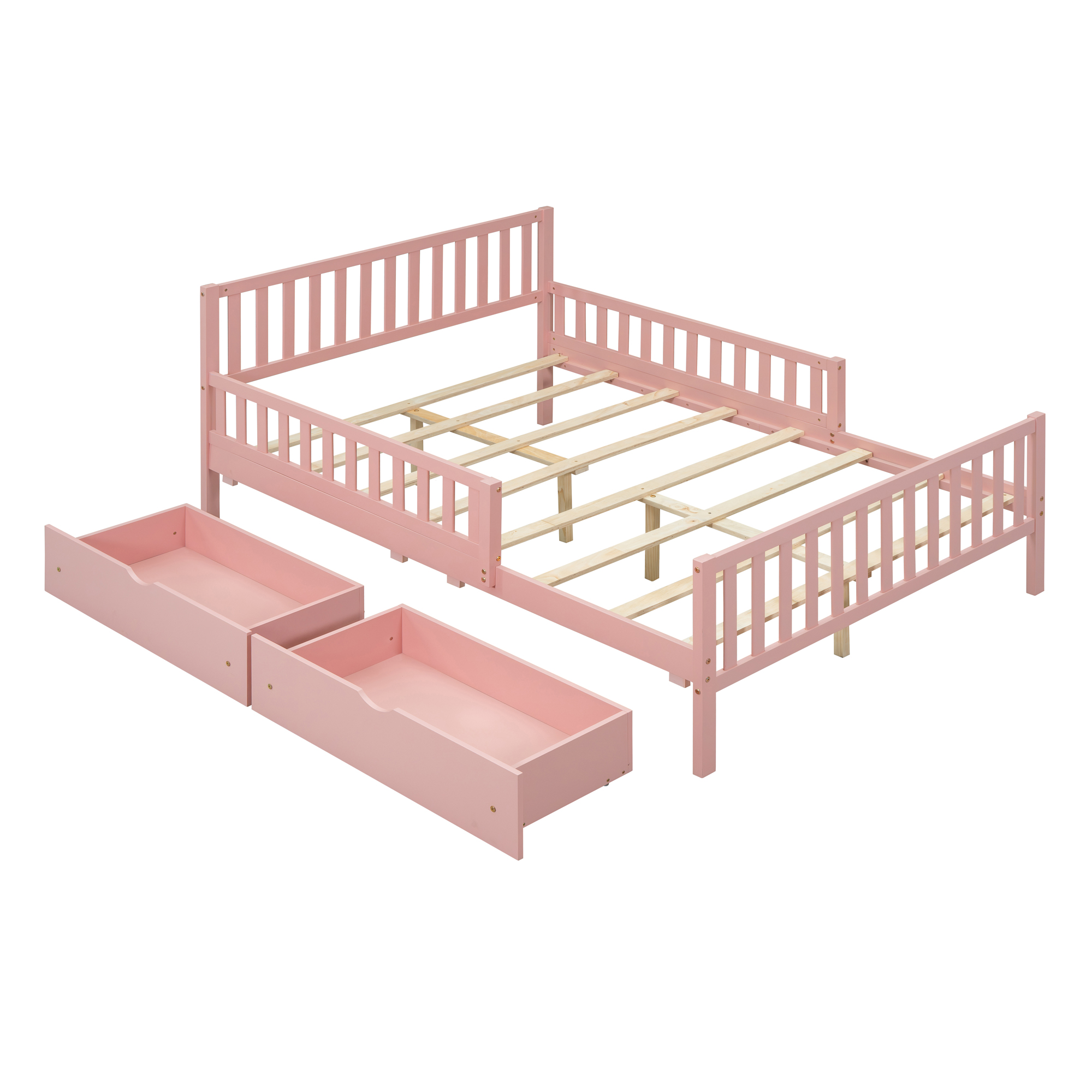 Full Size Wood Platform Bed with Guardrails on Both Sides and Two Storage Drawers ,Pink - Image 3