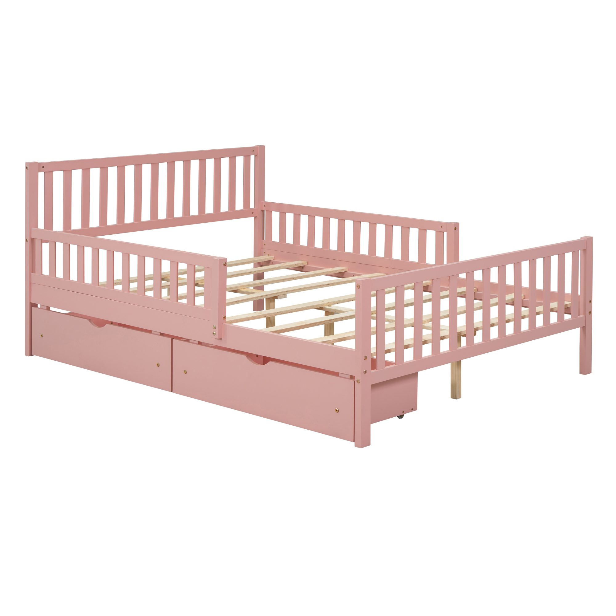 Full Size Wood Platform Bed with Guardrails on Both Sides and Two Storage Drawers ,Pink - Image 4