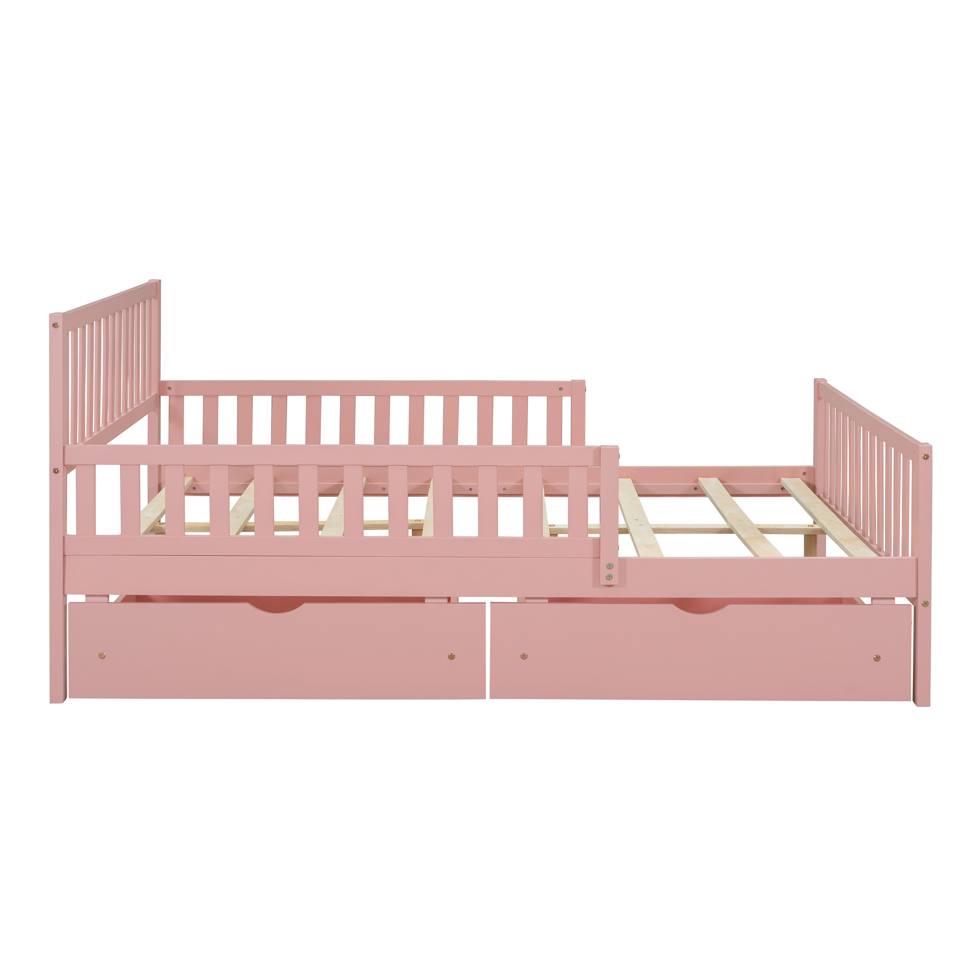 Full Size Wood Platform Bed with Guardrails on Both Sides and Two Storage Drawers ,Pink - Image 5