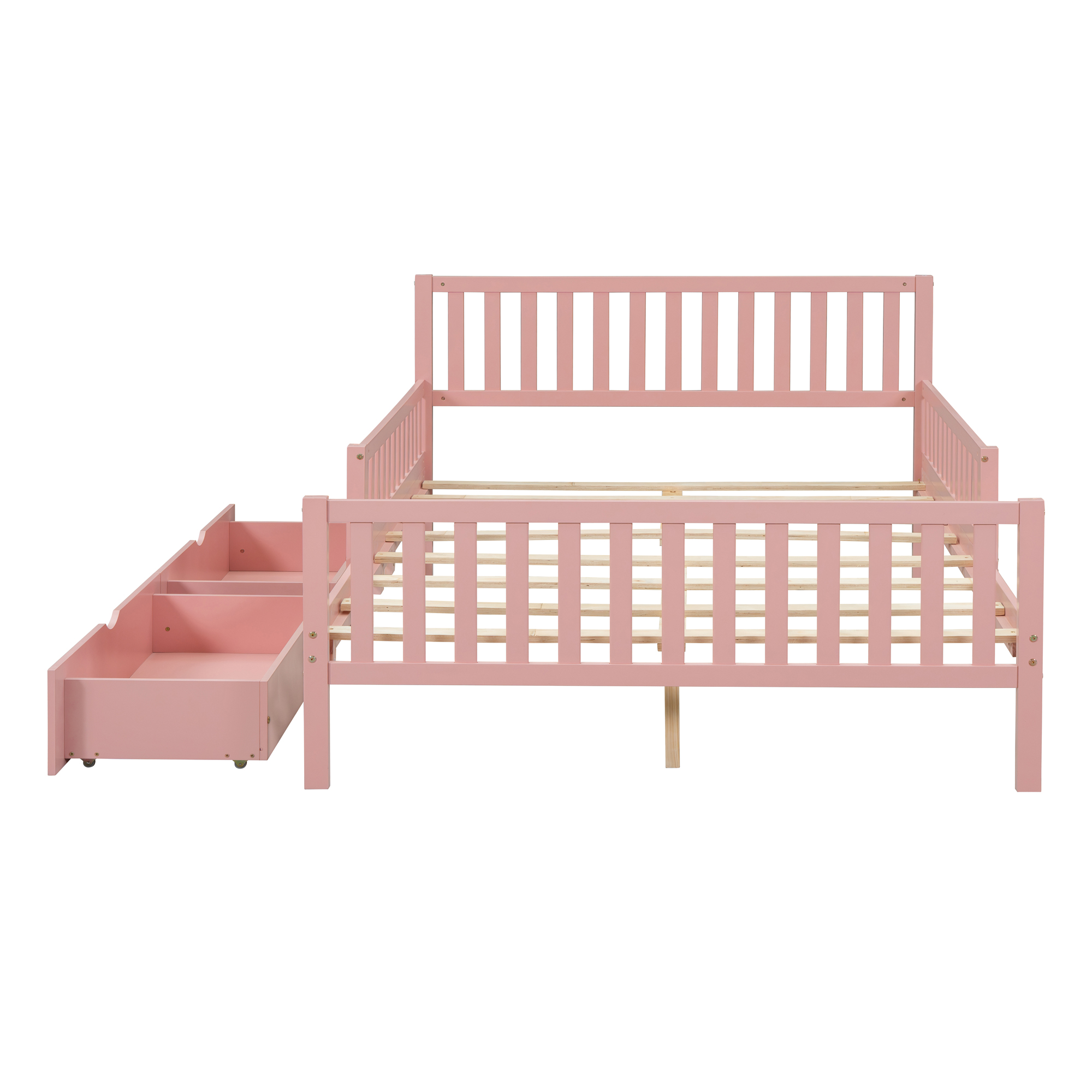 Full Size Wood Platform Bed with Guardrails on Both Sides and Two Storage Drawers ,Pink - Image 6