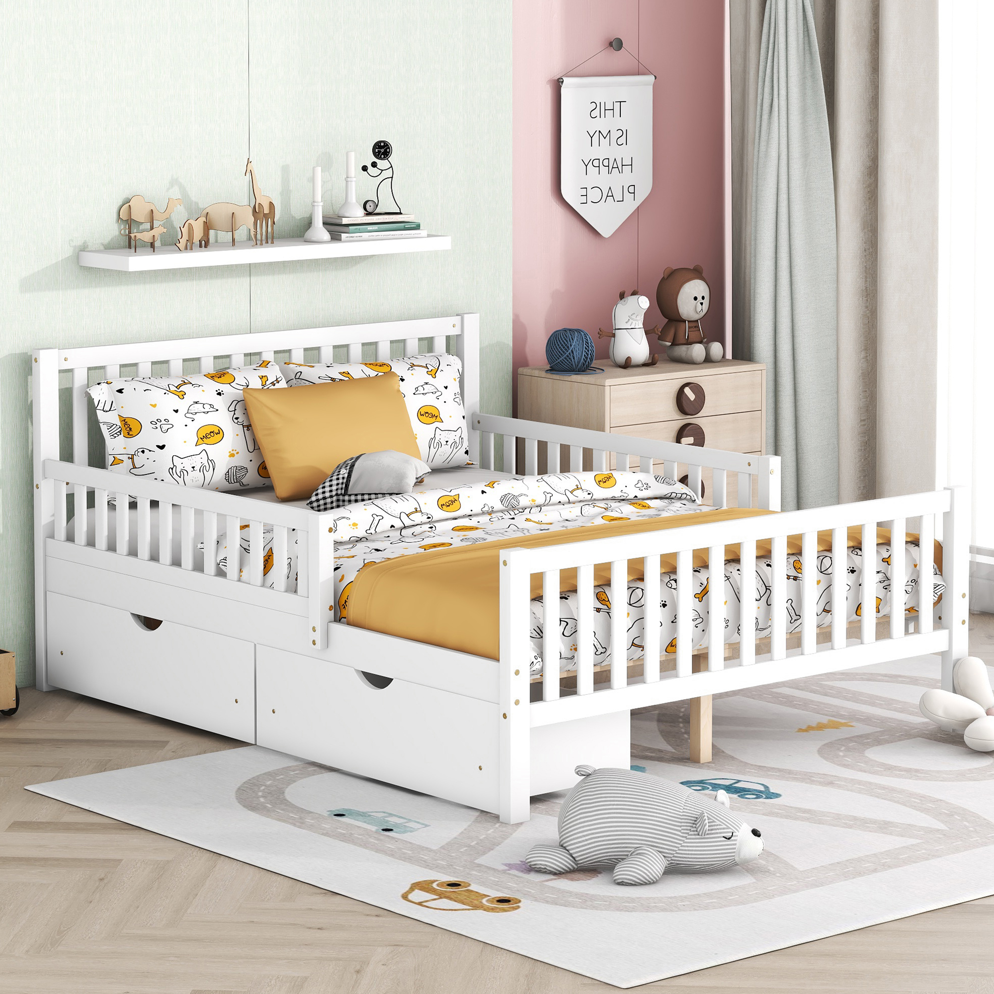 Full Size Wood Platform Bed with Guardrails on Both Sides and Two Storage Drawers ,White - Image 2