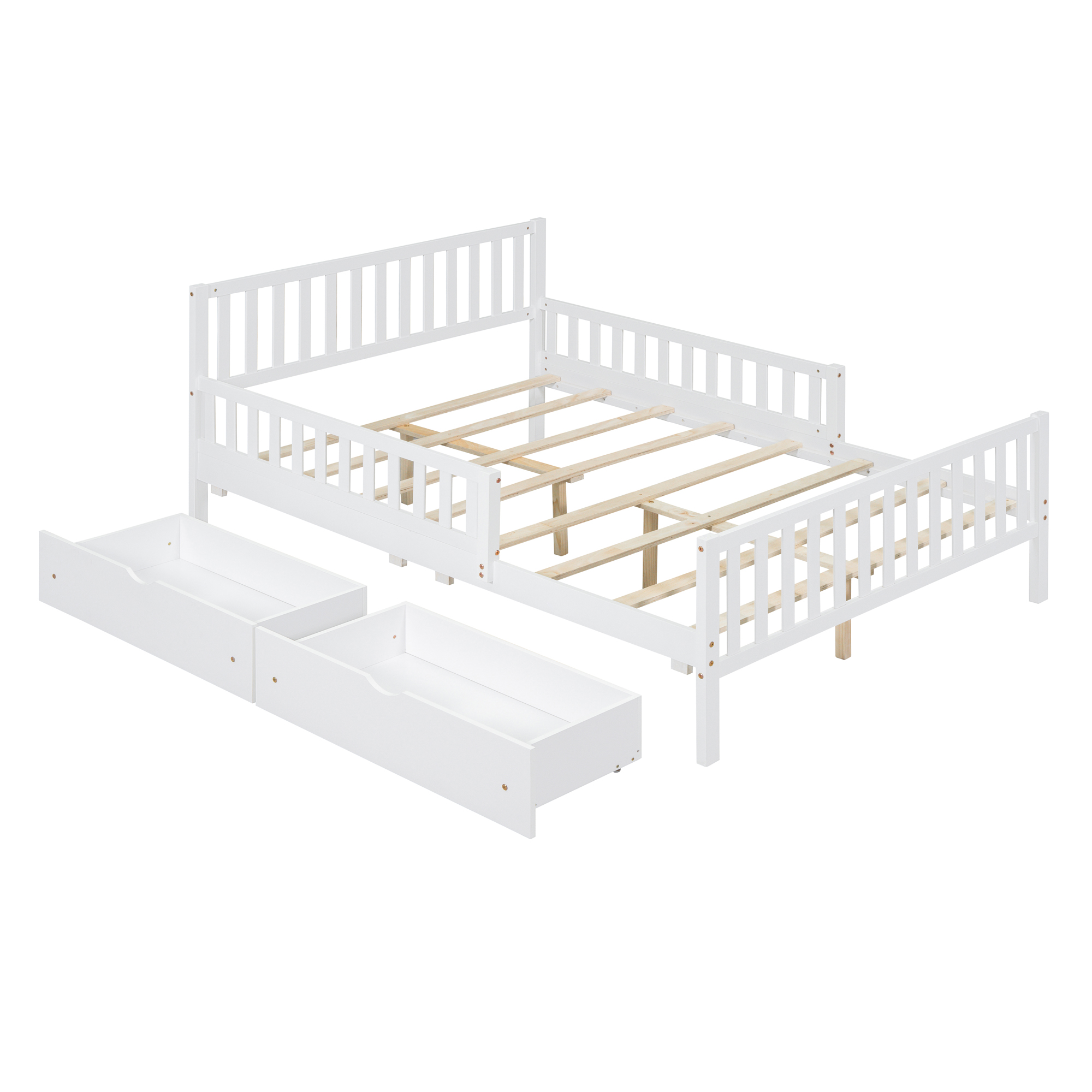 Full Size Wood Platform Bed with Guardrails on Both Sides and Two Storage Drawers ,White - Image 3