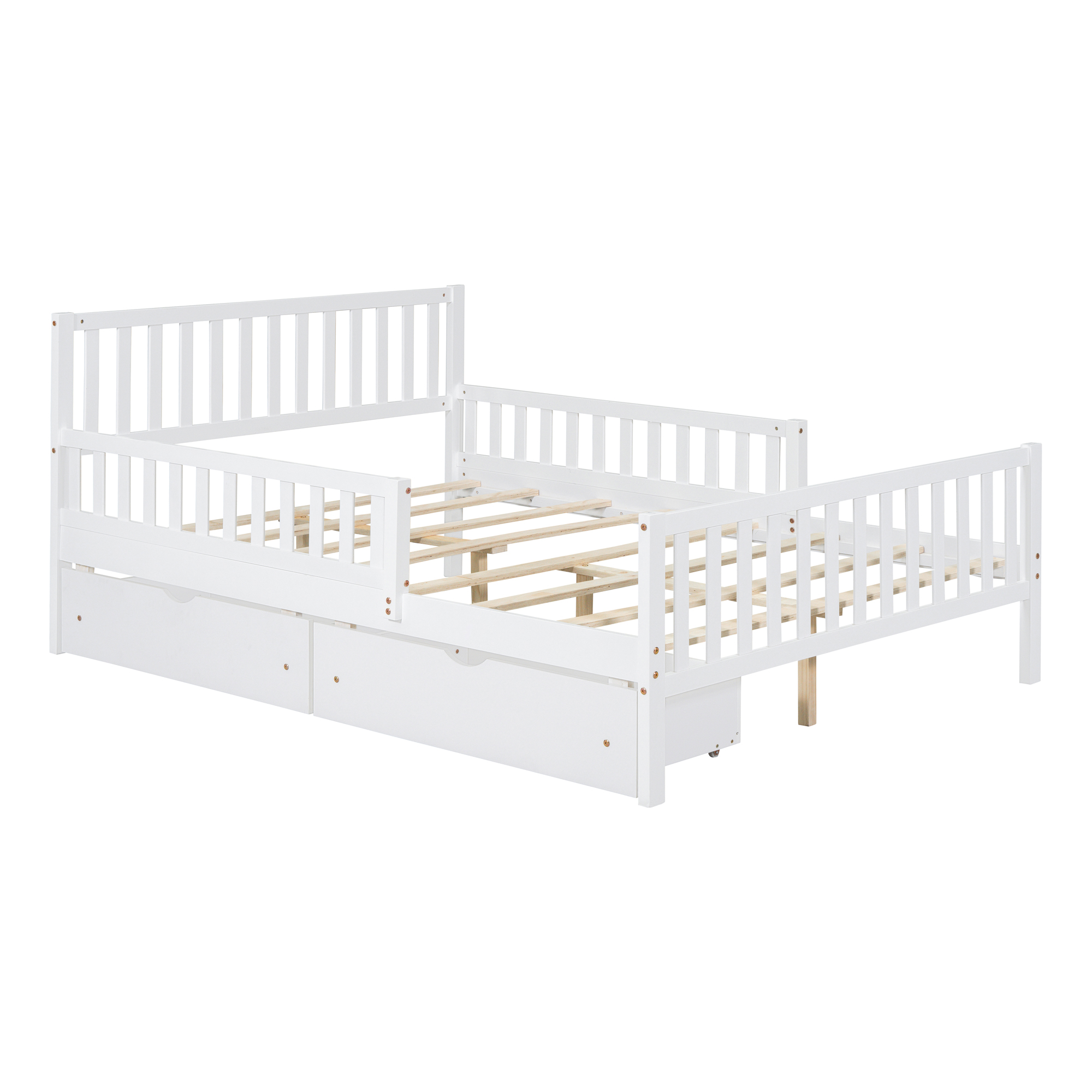 Full Size Wood Platform Bed with Guardrails on Both Sides and Two Storage Drawers ,White - Image 4
