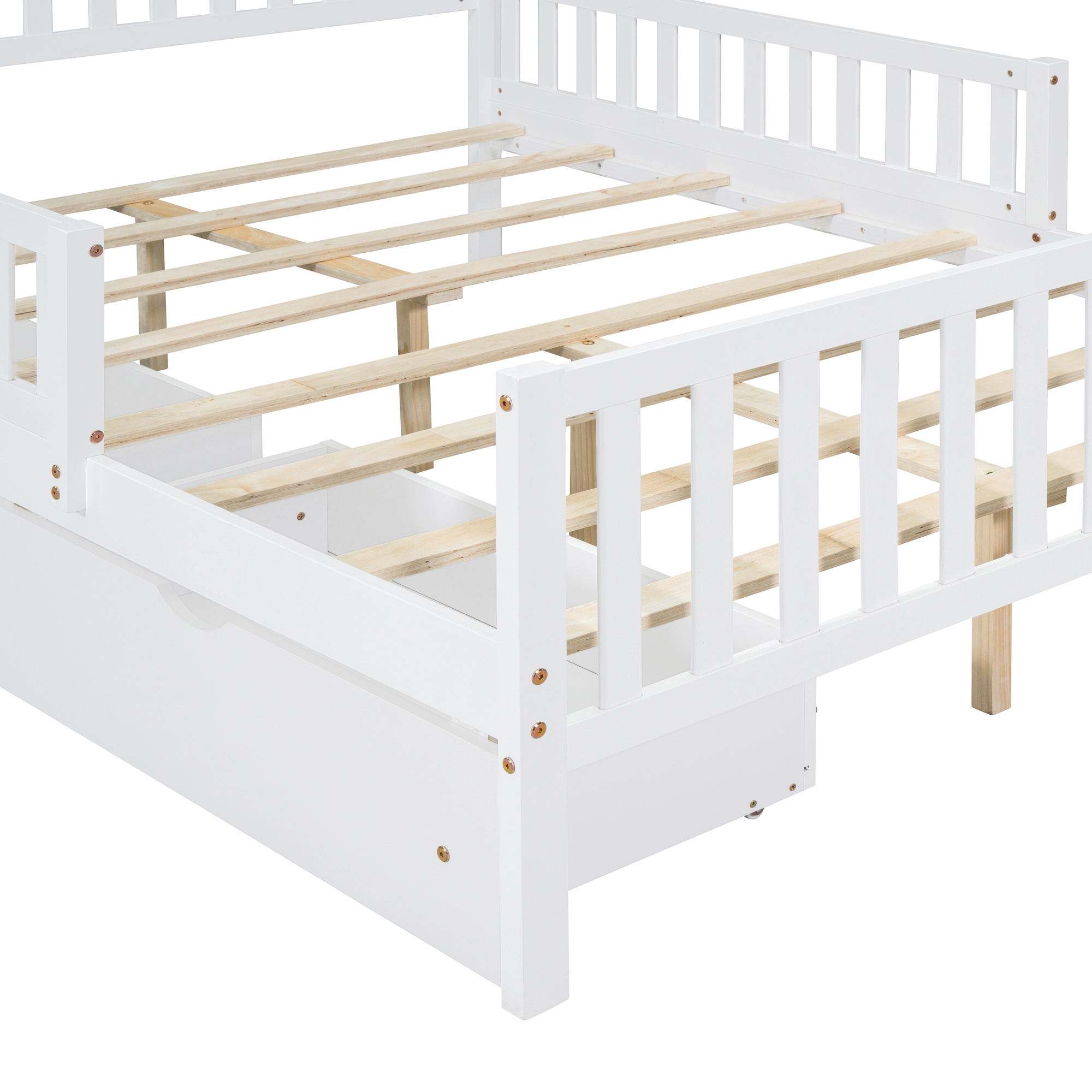 Full Size Wood Platform Bed with Guardrails on Both Sides and Two Storage Drawers ,White - Image 6