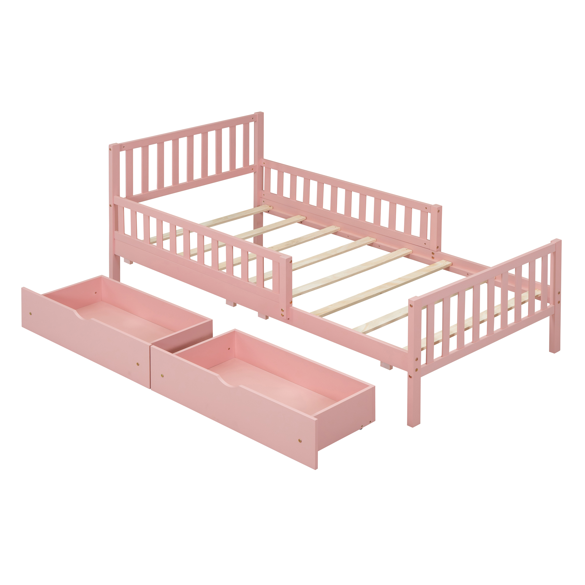 Twin Size Wood Platform Bed with Guardrails on Both Sides and Two Storage Drawers ,Pink - Image 3