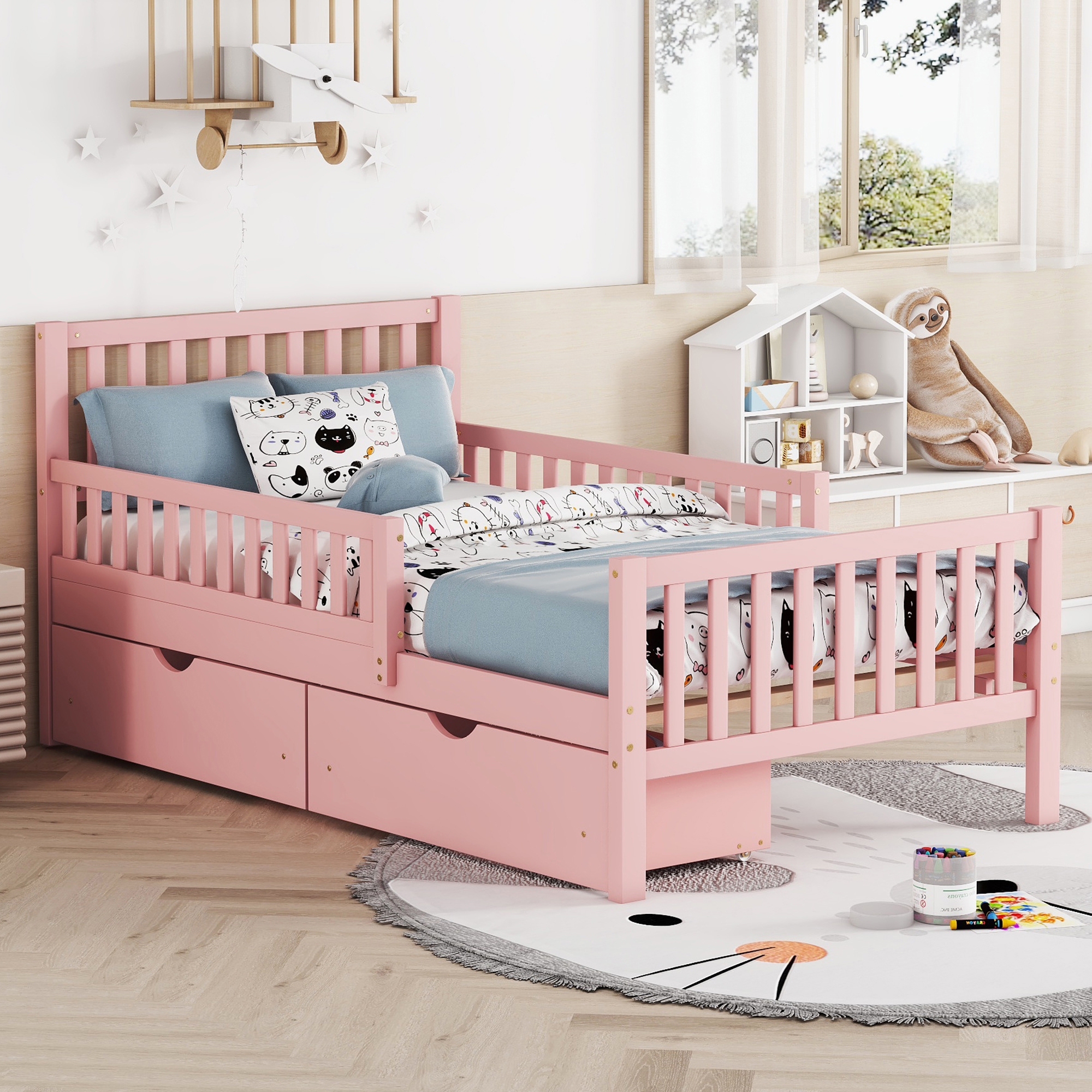 Twin Size Wood Platform Bed with Guardrails on Both Sides and Two Storage Drawers ,Pink - Image 2