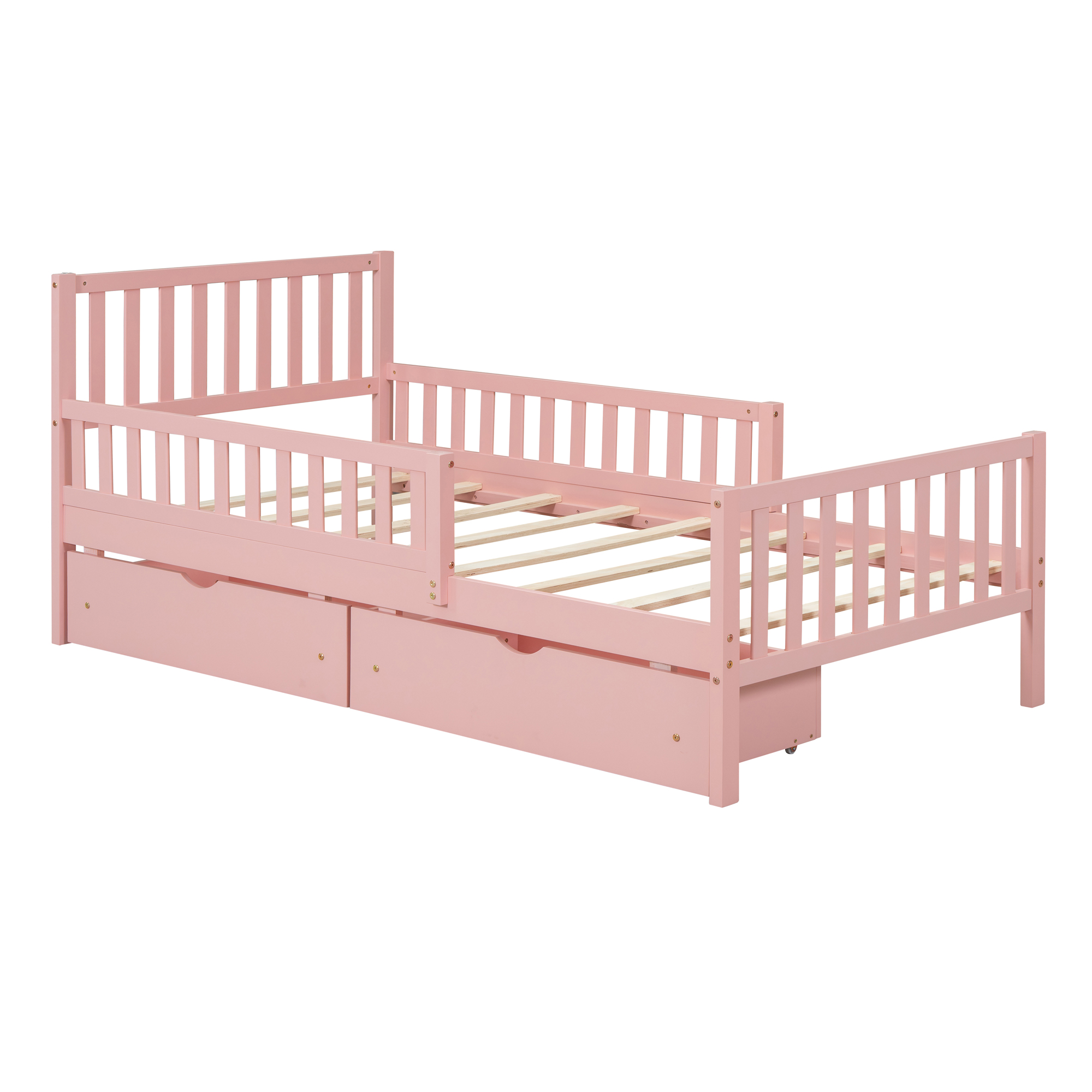 Twin Size Wood Platform Bed with Guardrails on Both Sides and Two Storage Drawers ,Pink - Image 4