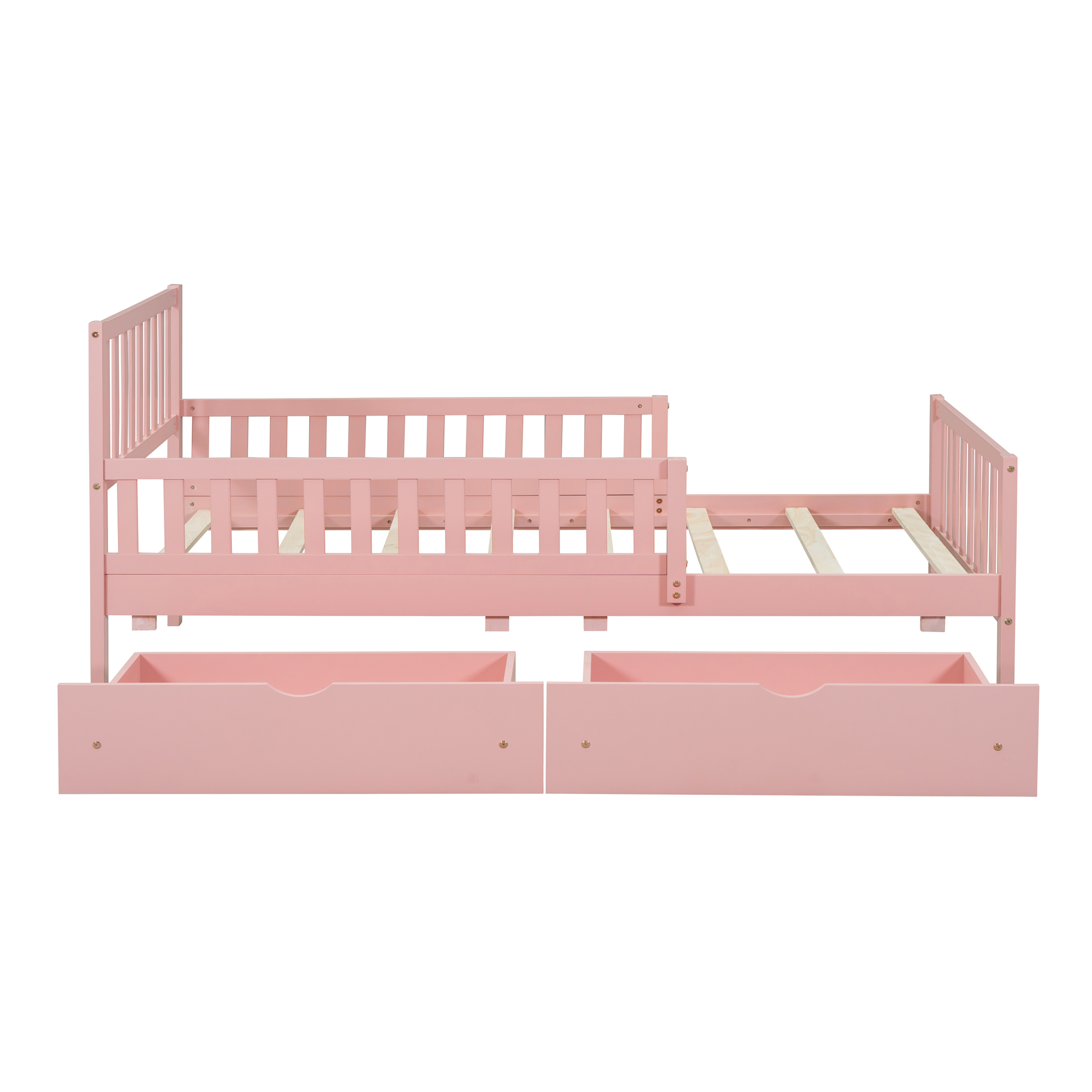 Twin Size Wood Platform Bed with Guardrails on Both Sides and Two Storage Drawers ,Pink - Image 5