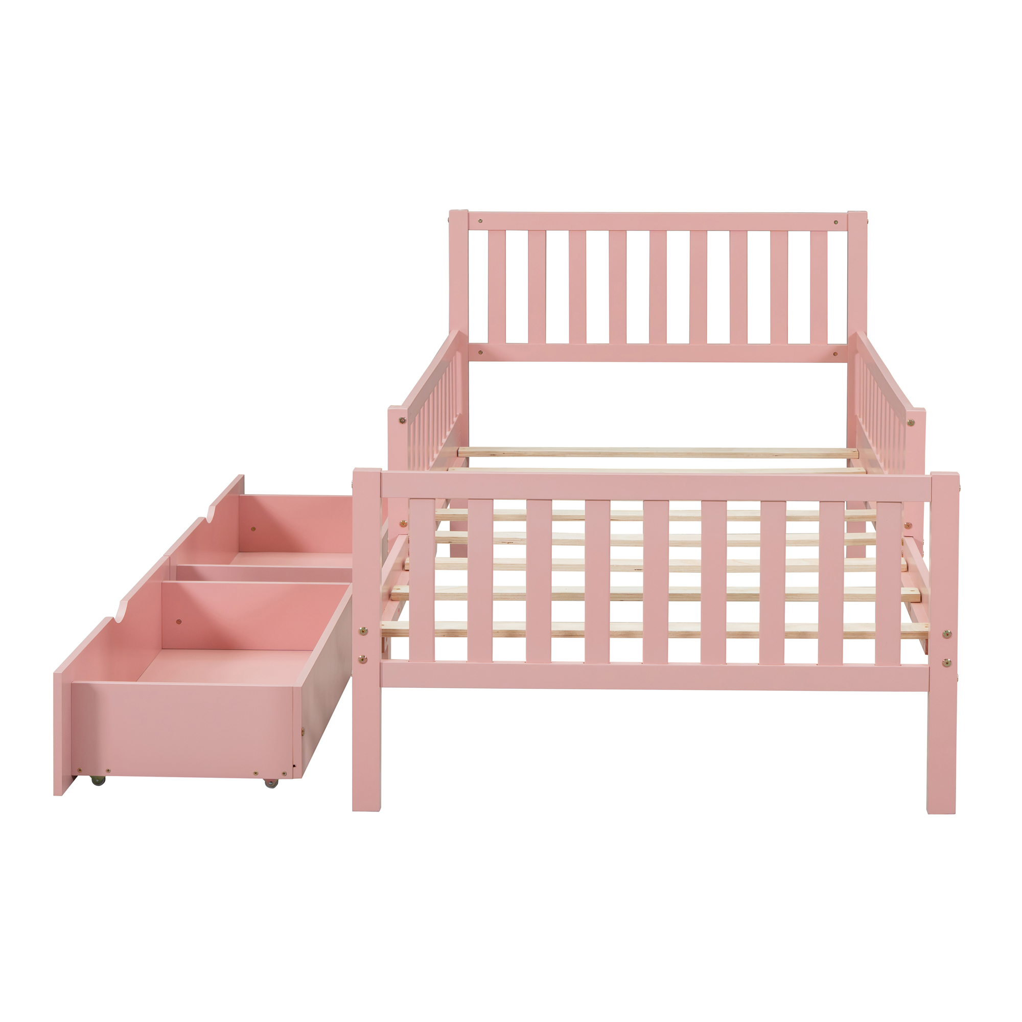 Twin Size Wood Platform Bed with Guardrails on Both Sides and Two Storage Drawers ,Pink - Image 6