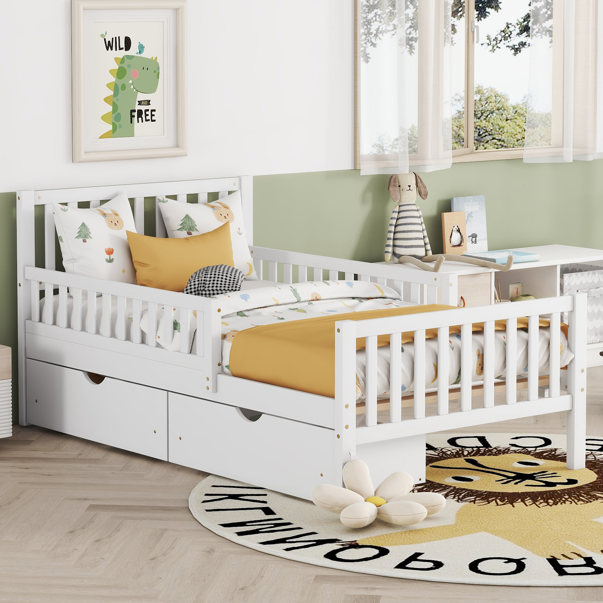 Twin Size Wood Platform Bed with Guardrails on Both Sides and Two Storage Drawers ,White - Image 2