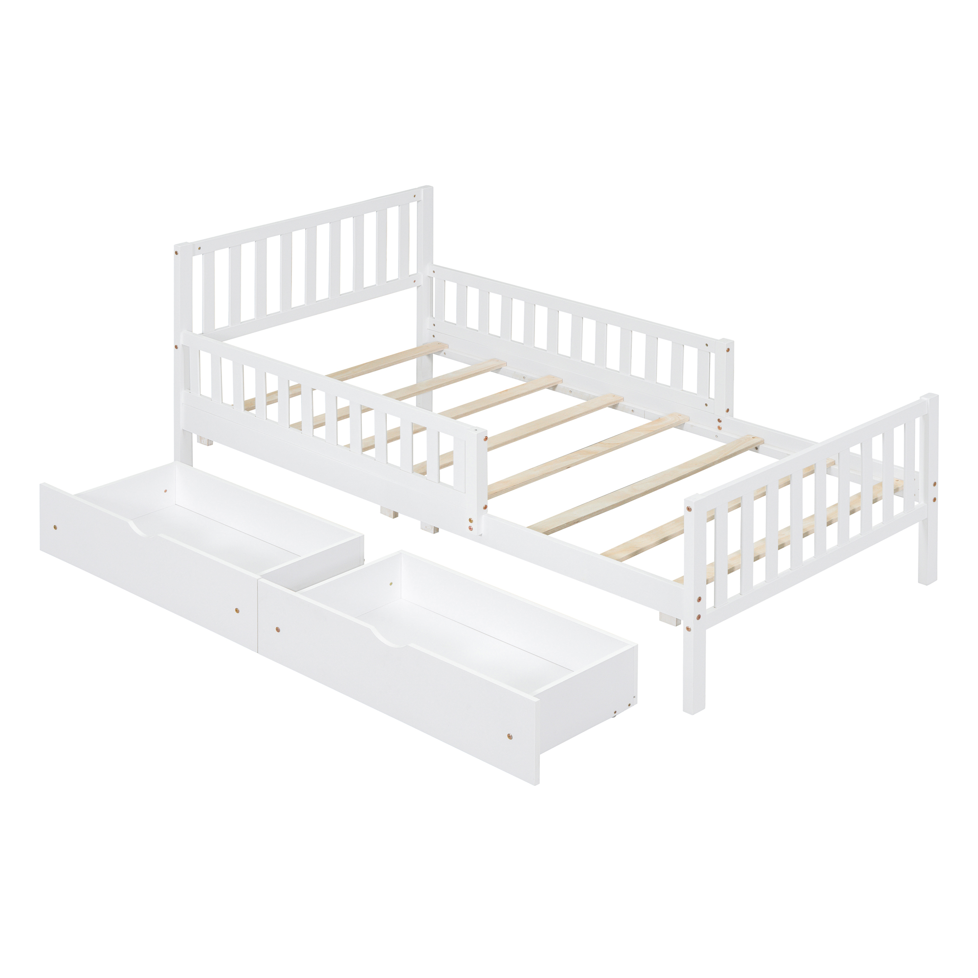 Twin Size Wood Platform Bed with Guardrails on Both Sides and Two Storage Drawers ,White - Image 3