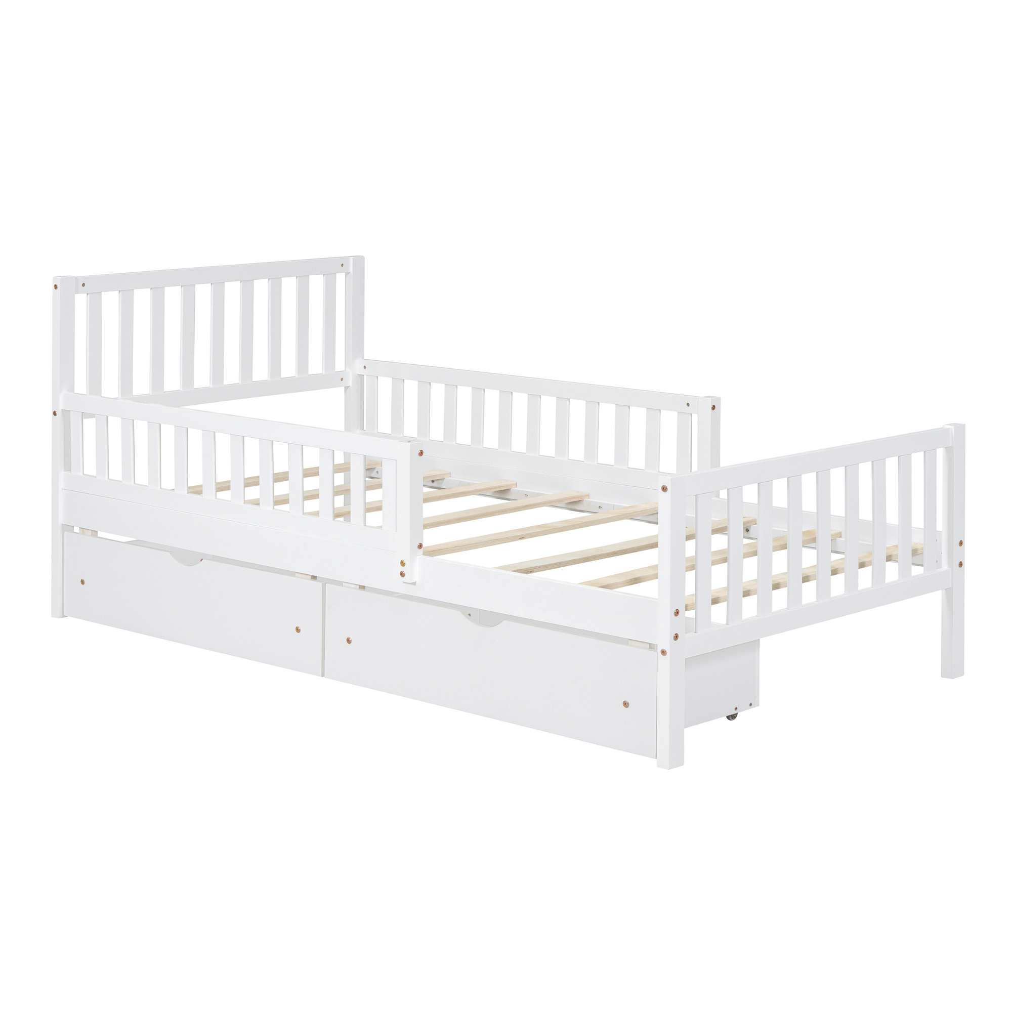 Twin Size Wood Platform Bed with Guardrails on Both Sides and Two Storage Drawers ,White - Image 4