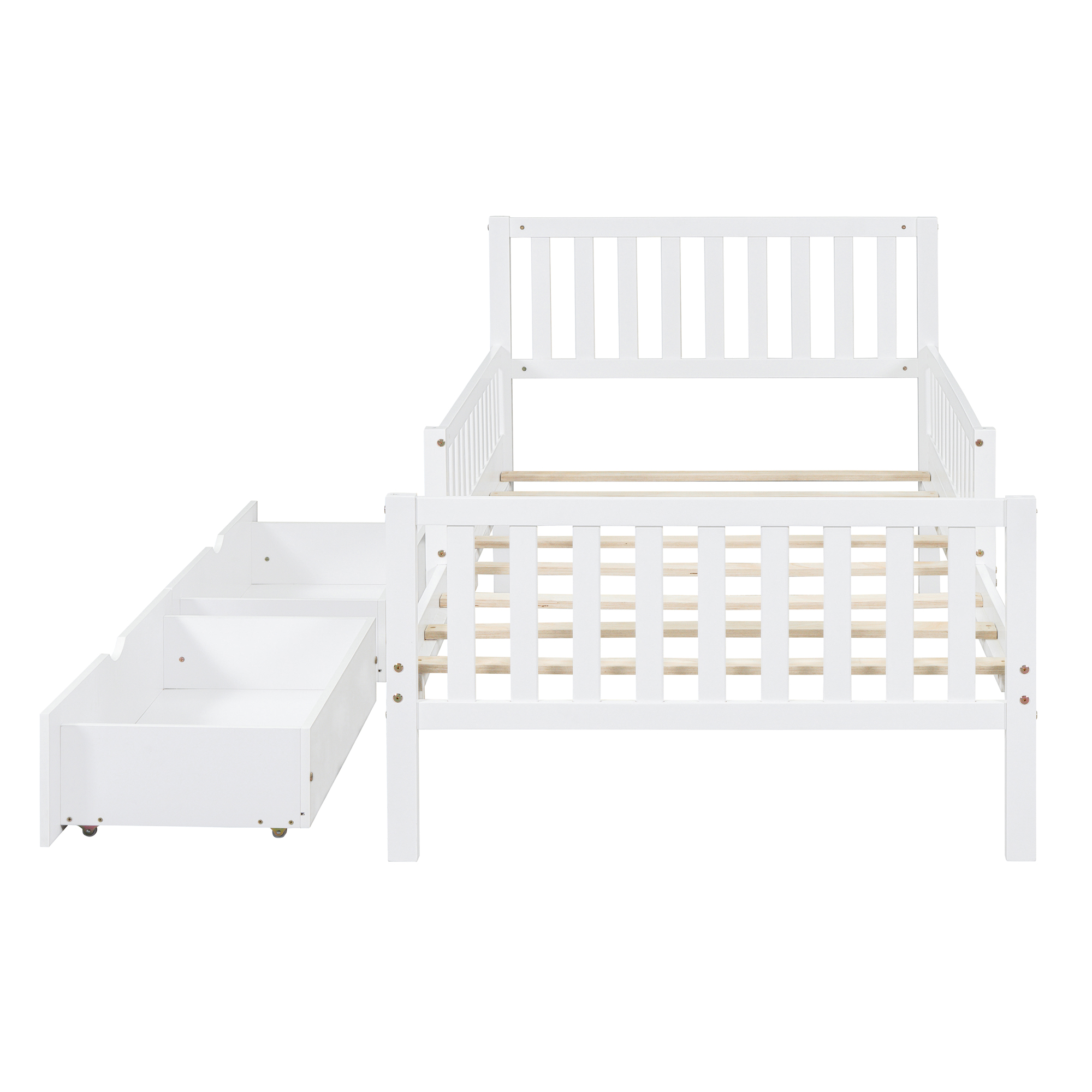 Twin Size Wood Platform Bed with Guardrails on Both Sides and Two Storage Drawers ,White - Image 6