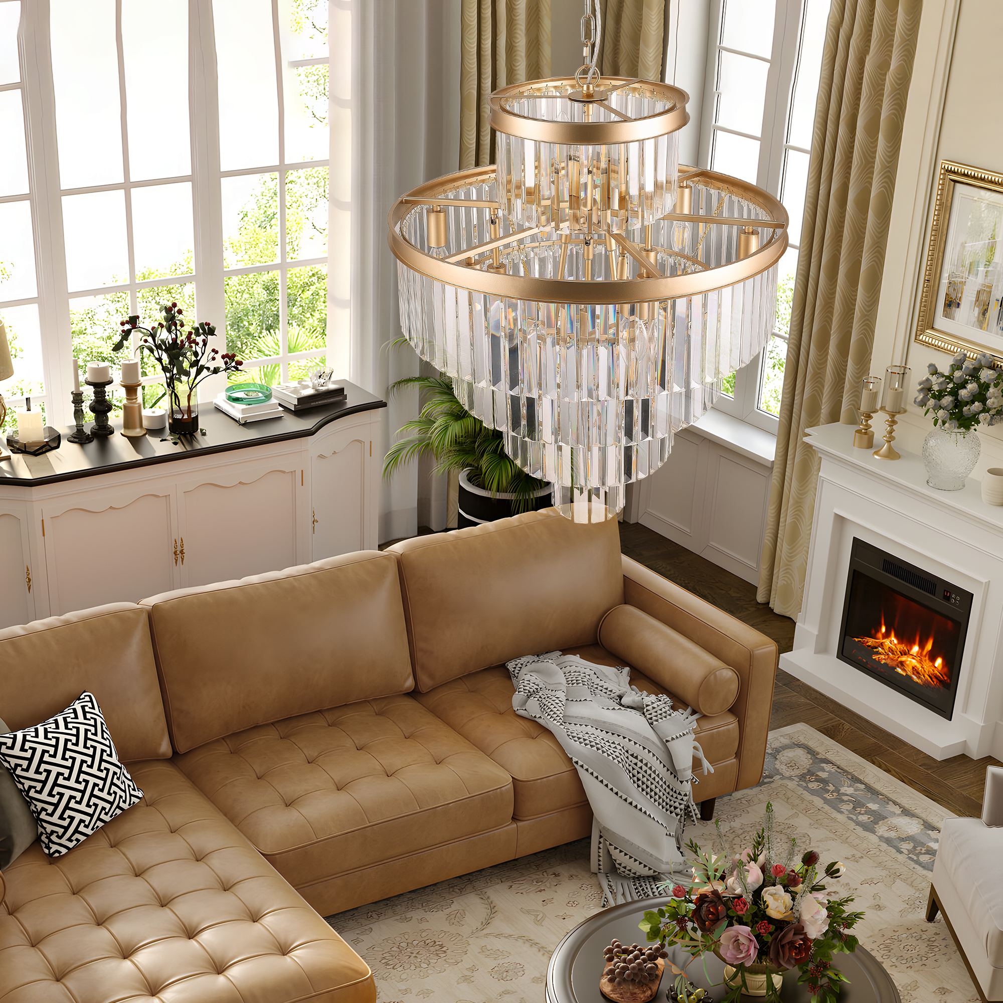 (Same as W1340P188536)Golden Luxury Crystal Chandelier Modern Chandeliers Lights Fixture Hanging Pendant Light Fixture for Dining Room Bedroom Living Room Dia 23.6 Inch-Gold - Image 4