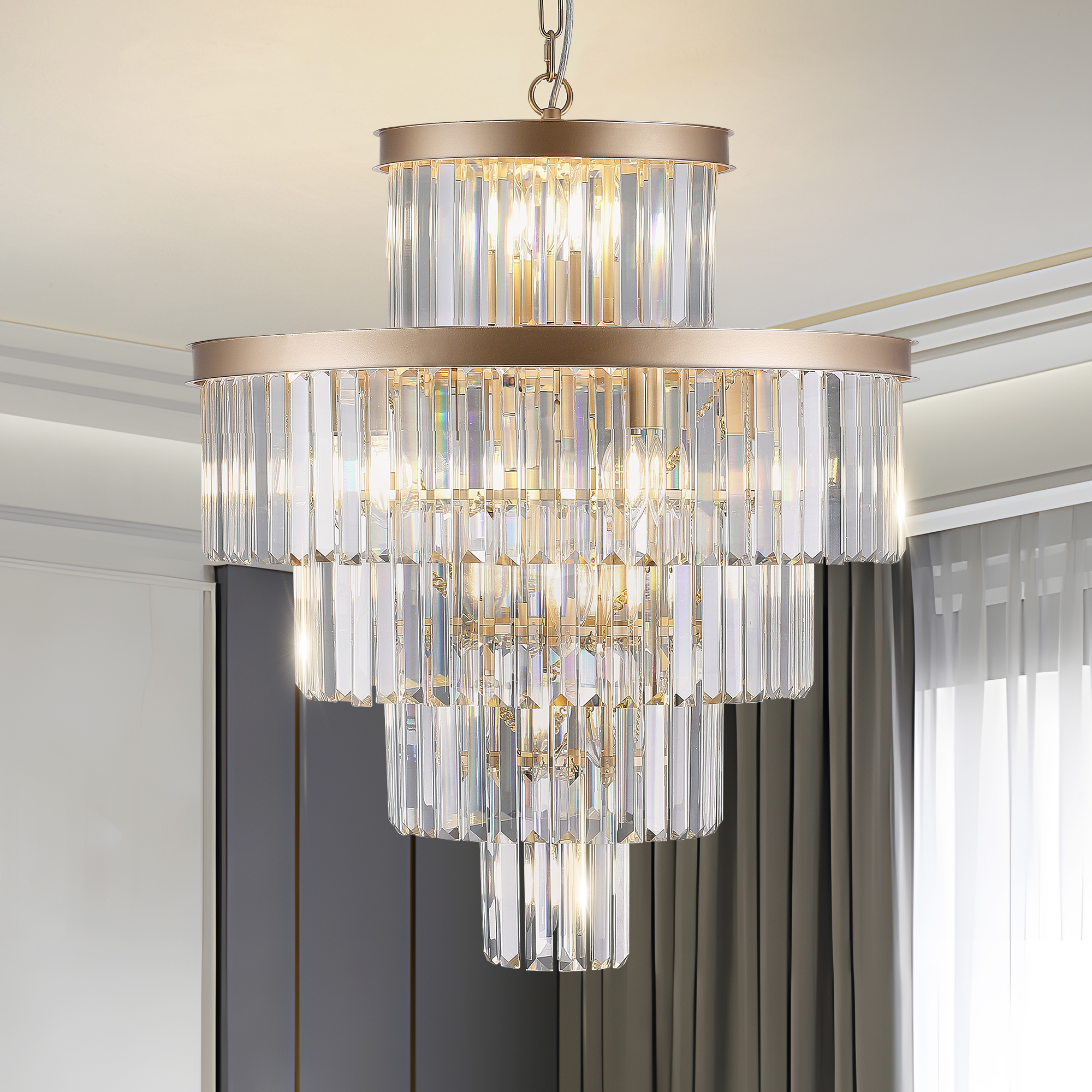 (Same as W1340P188536)Golden Luxury Crystal Chandelier Modern Chandeliers Lights Fixture Hanging Pendant Light Fixture for Dining Room Bedroom Living Room Dia 23.6 Inch-Gold - Image 6