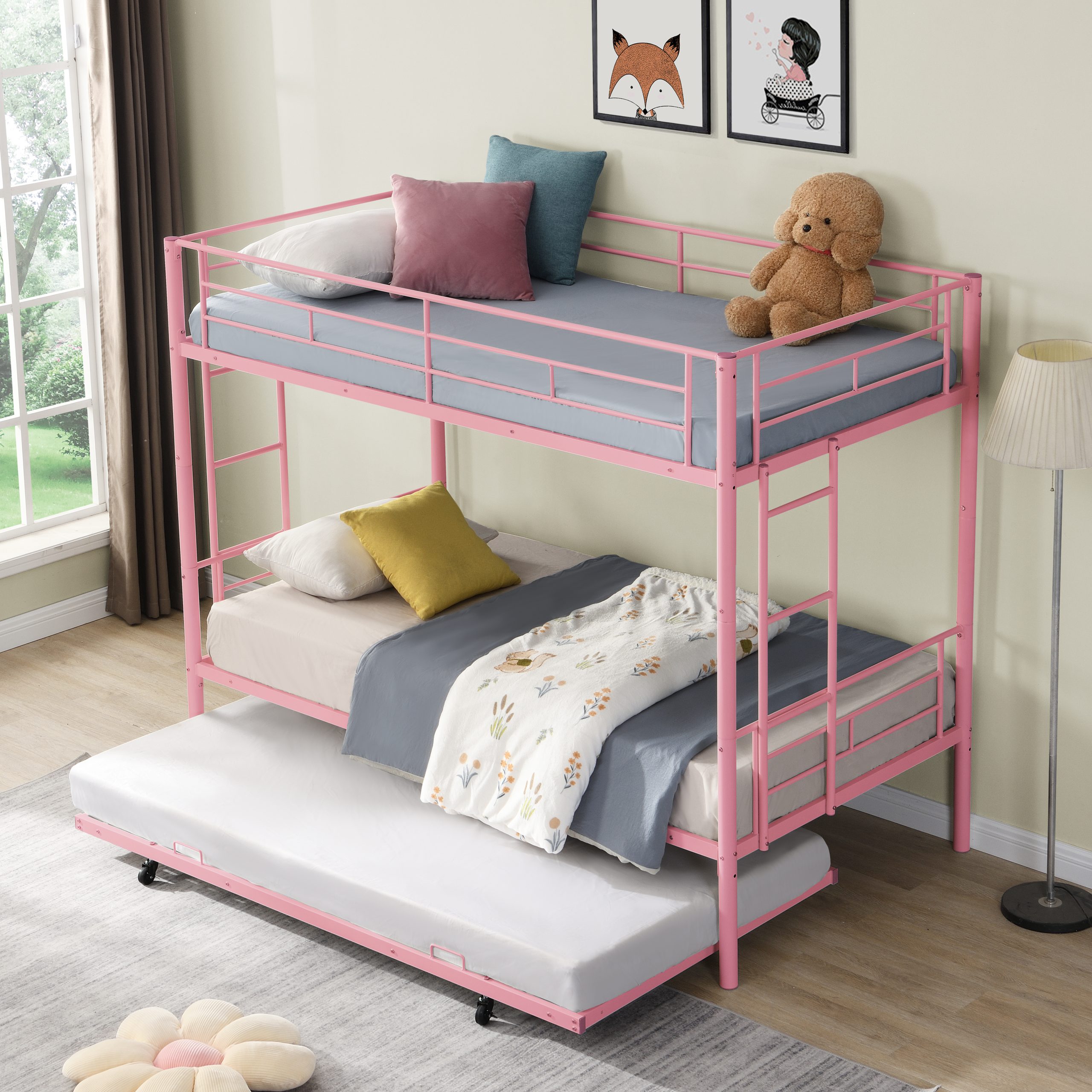 METAL Bunk Bed with trundle Pink - Image 3