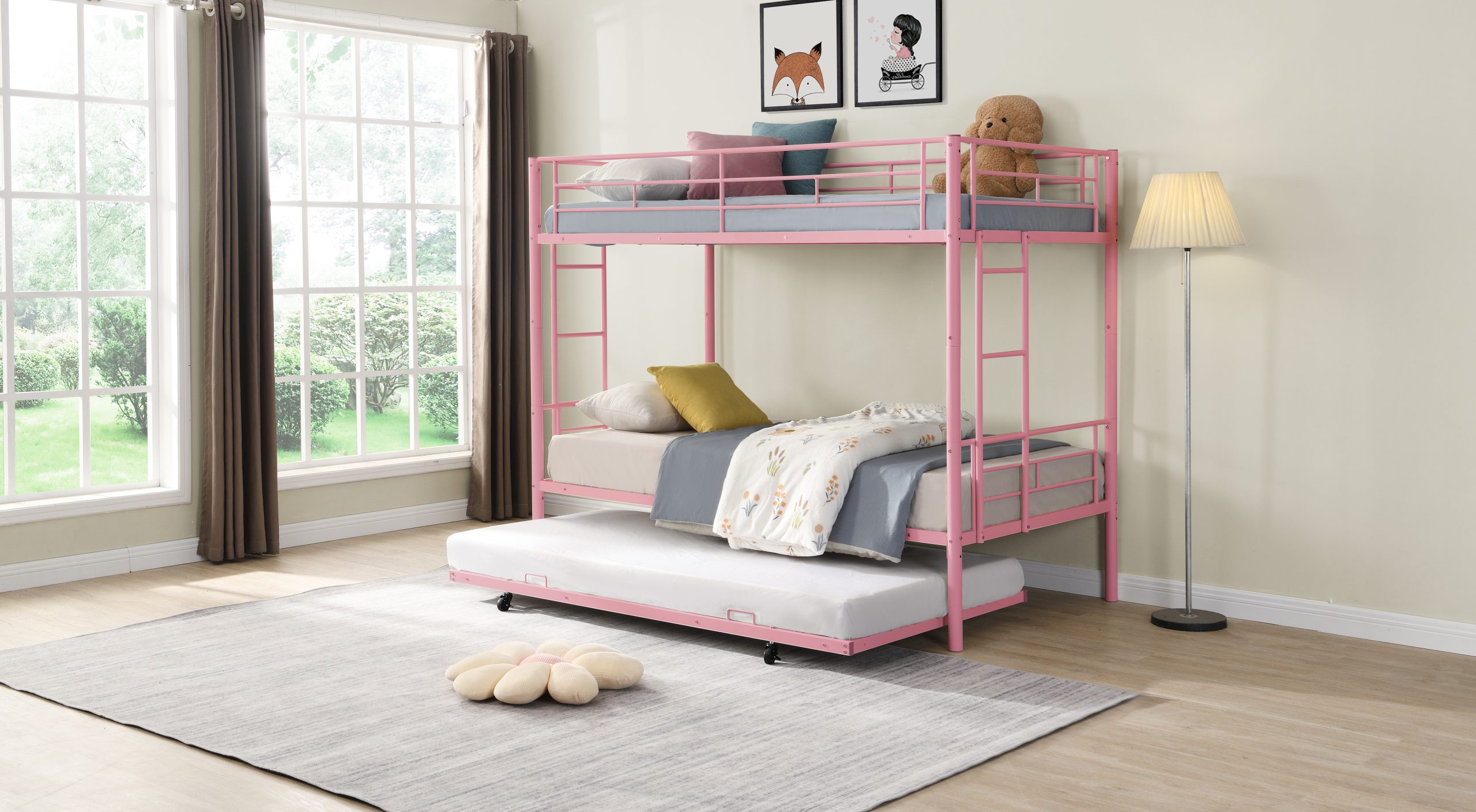 METAL Bunk Bed with trundle Pink - Image 4