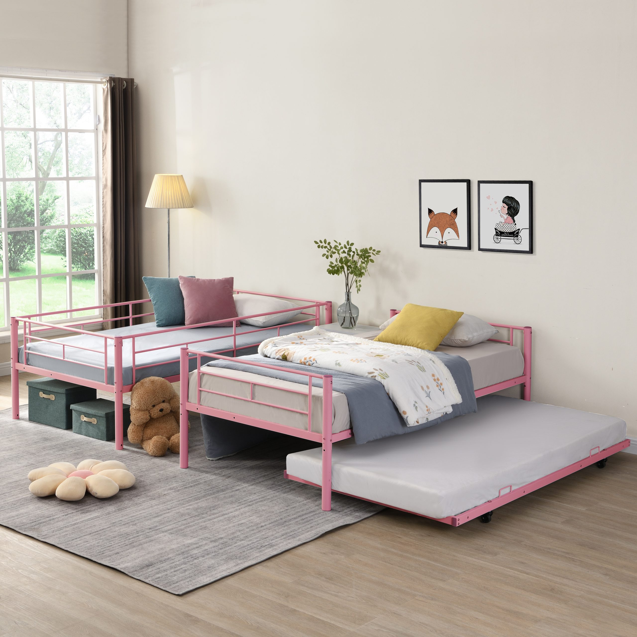 METAL Bunk Bed with trundle Pink - Image 5