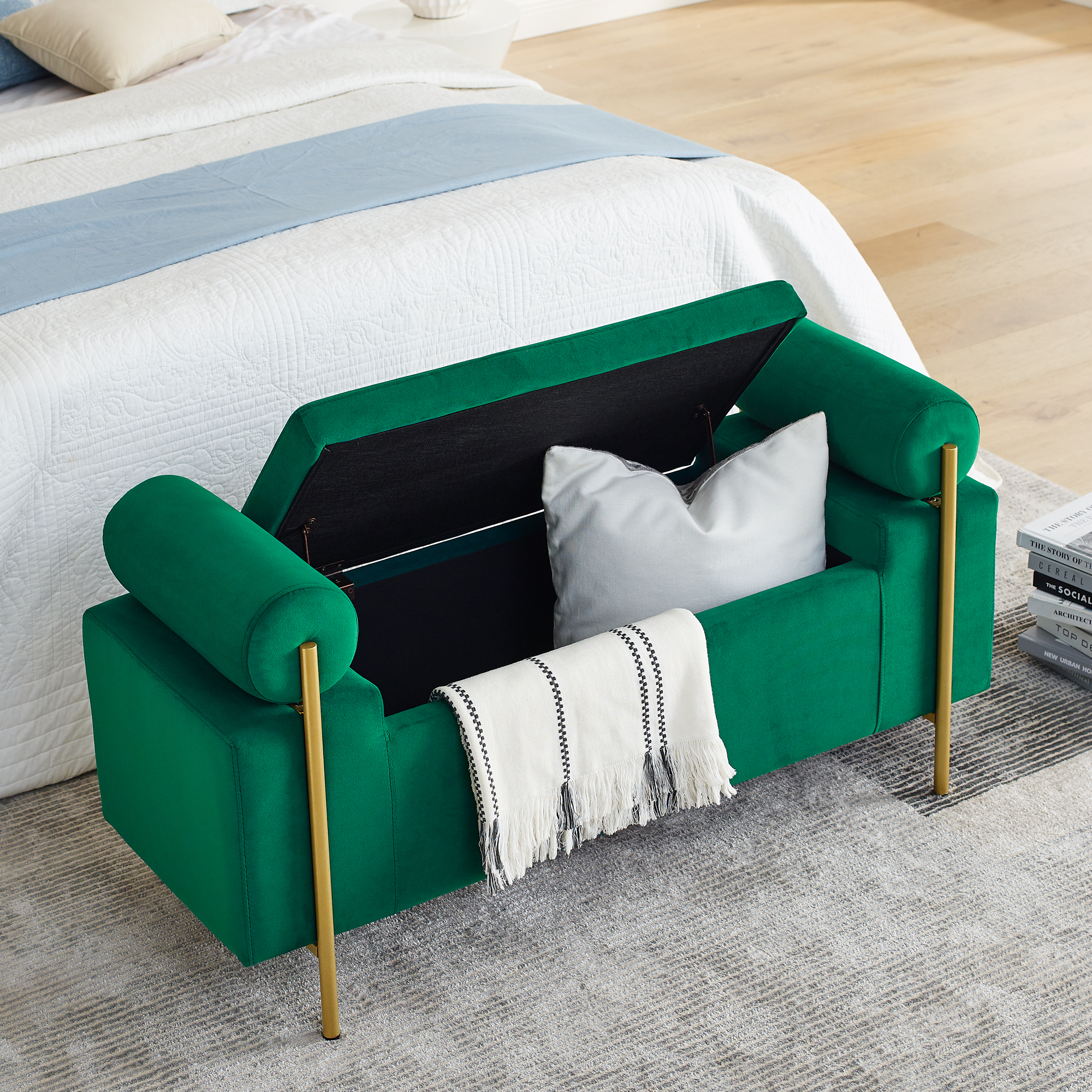 Elegant Upholstered Velvet Storage Bench with Cylindrical Arms and Iron Legs for Hallway Living Room Bedroom, Green - Image 2