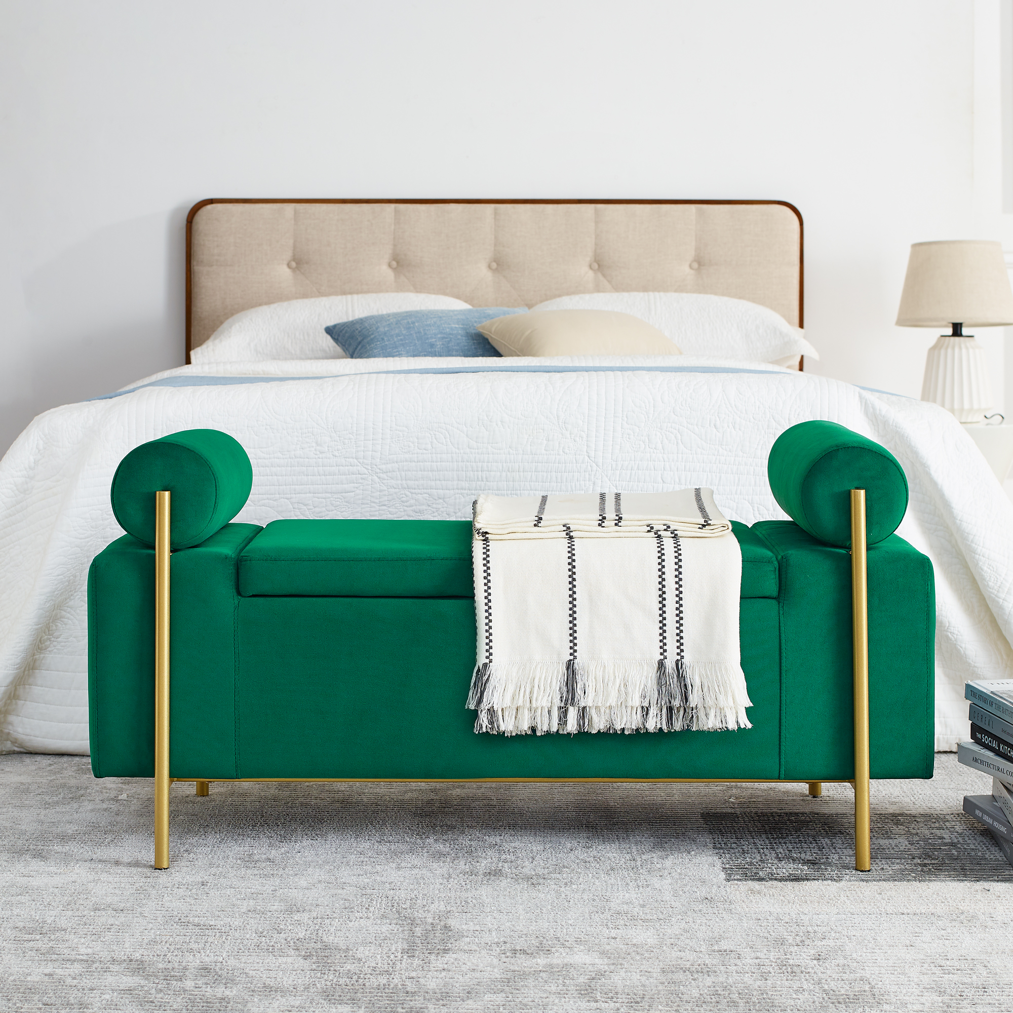 Elegant Upholstered Velvet Storage Bench with Cylindrical Arms and Iron Legs for Hallway Living Room Bedroom, Green - Image 3
