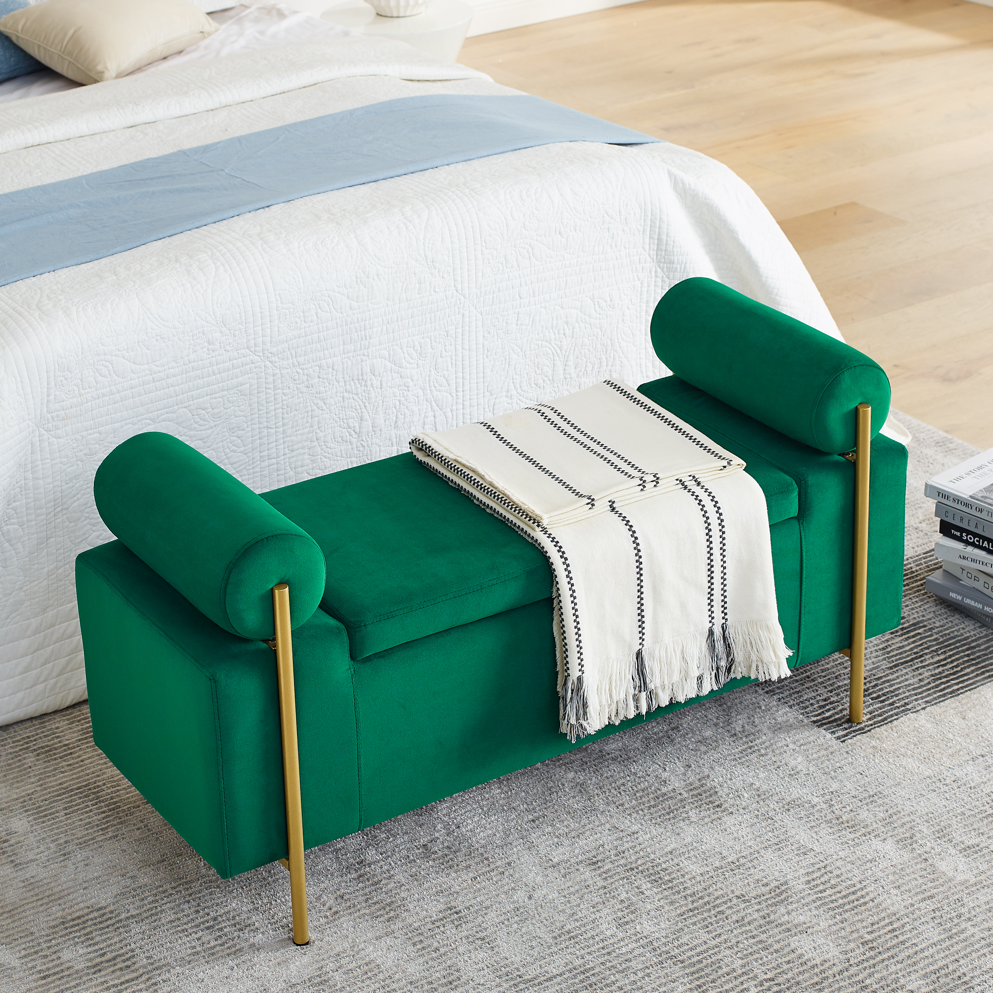 Elegant Upholstered Velvet Storage Bench with Cylindrical Arms and Iron Legs for Hallway Living Room Bedroom, Green - Image 4