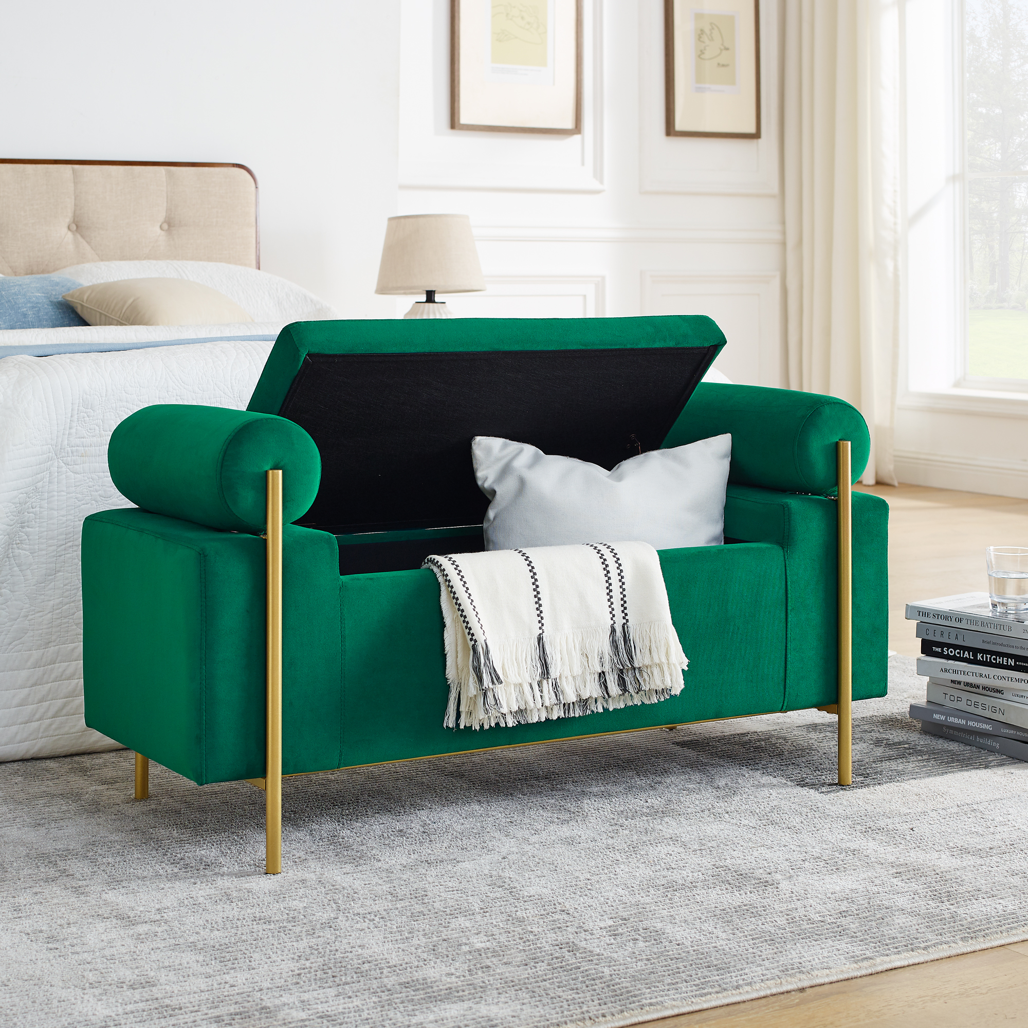 Elegant Upholstered Velvet Storage Bench with Cylindrical Arms and Iron Legs for Hallway Living Room Bedroom, Green - Image 5