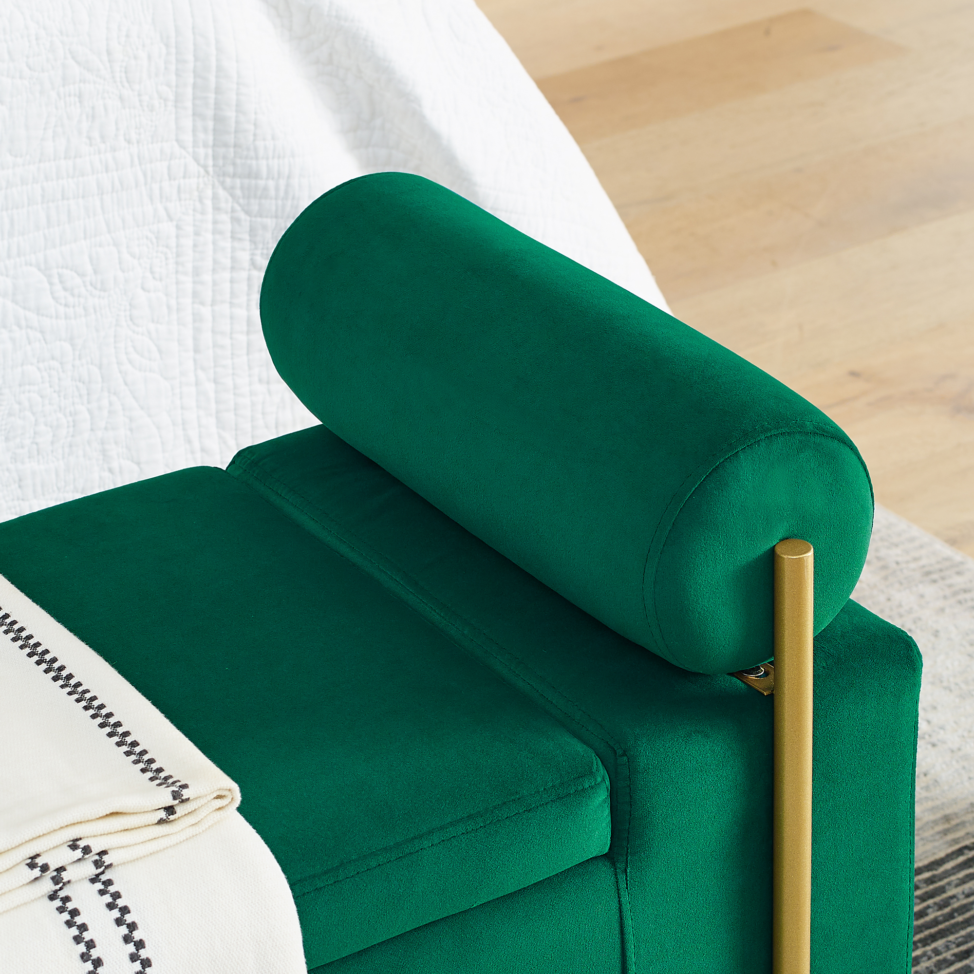 Elegant Upholstered Velvet Storage Bench with Cylindrical Arms and Iron Legs for Hallway Living Room Bedroom, Green - Image 6