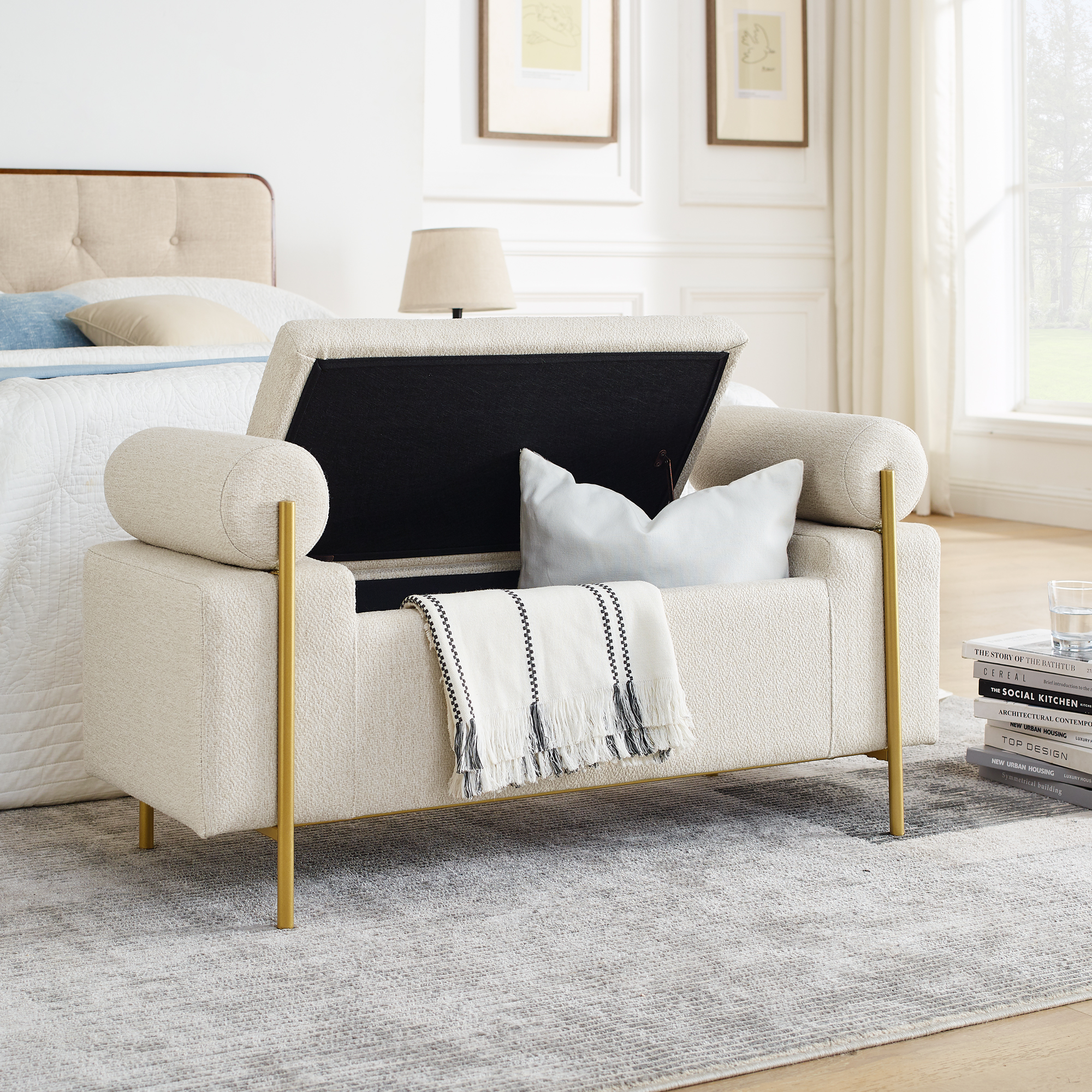 Elegant Upholstered Linen Storage Bench with Cylindrical Arms and Iron Legs for Hallway Living Room Bedroom, Beige - Image 2
