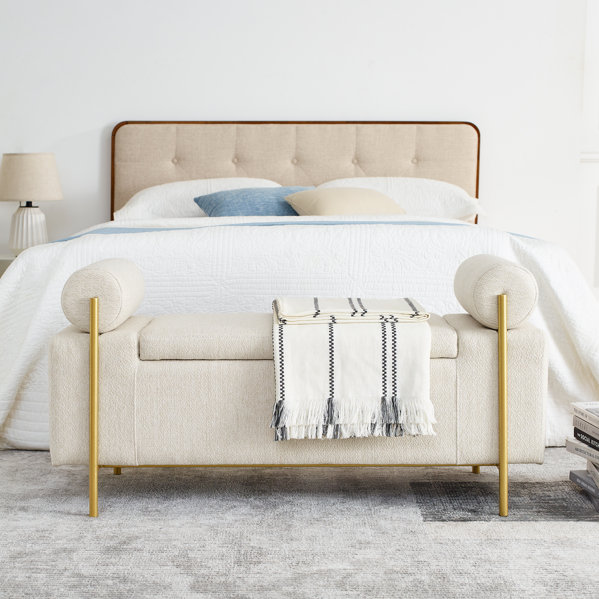 Elegant Upholstered Linen Storage Bench with Cylindrical Arms and Iron Legs for Hallway Living Room Bedroom, Beige - Image 3