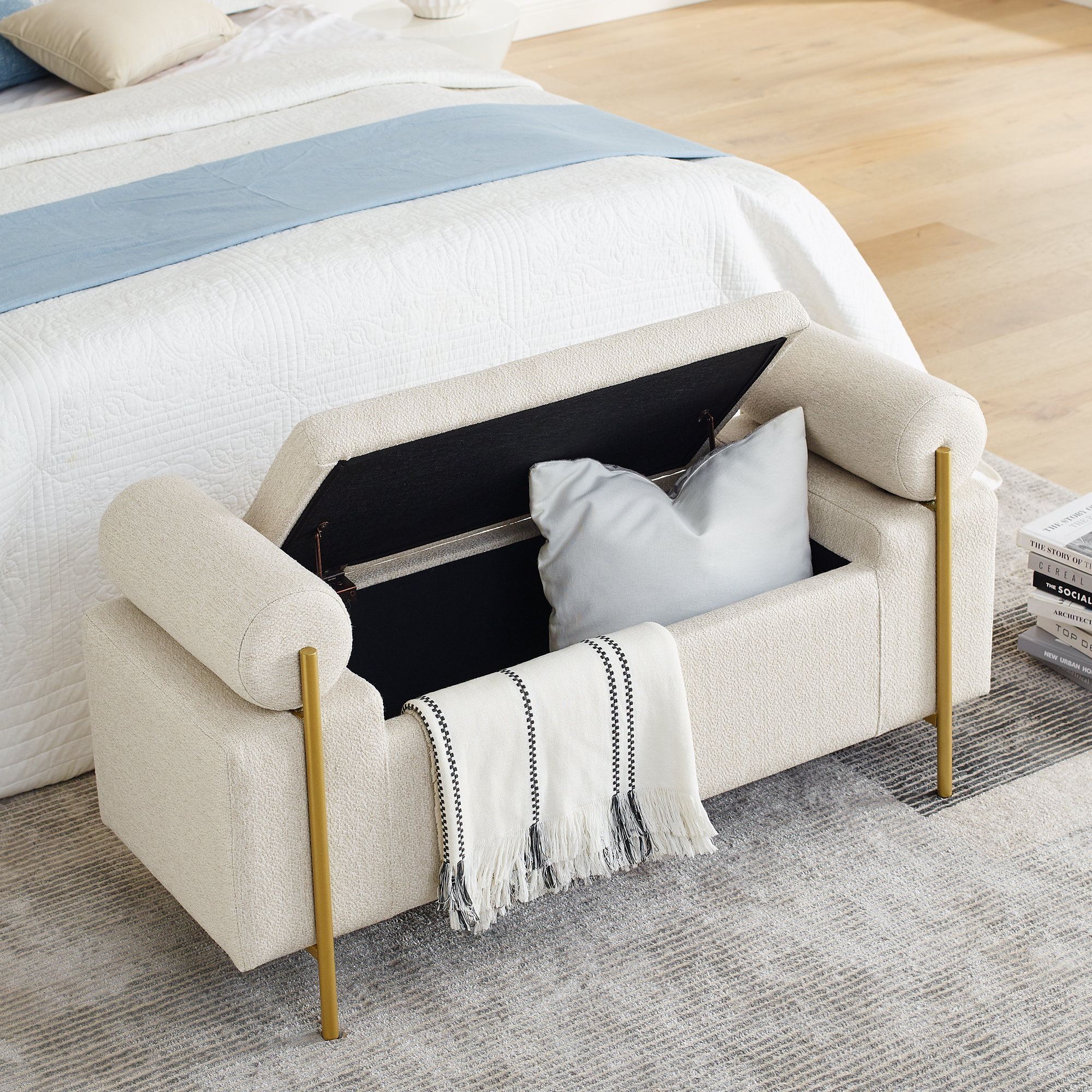 Elegant Upholstered Linen Storage Bench with Cylindrical Arms and Iron Legs for Hallway Living Room Bedroom, Beige - Image 4