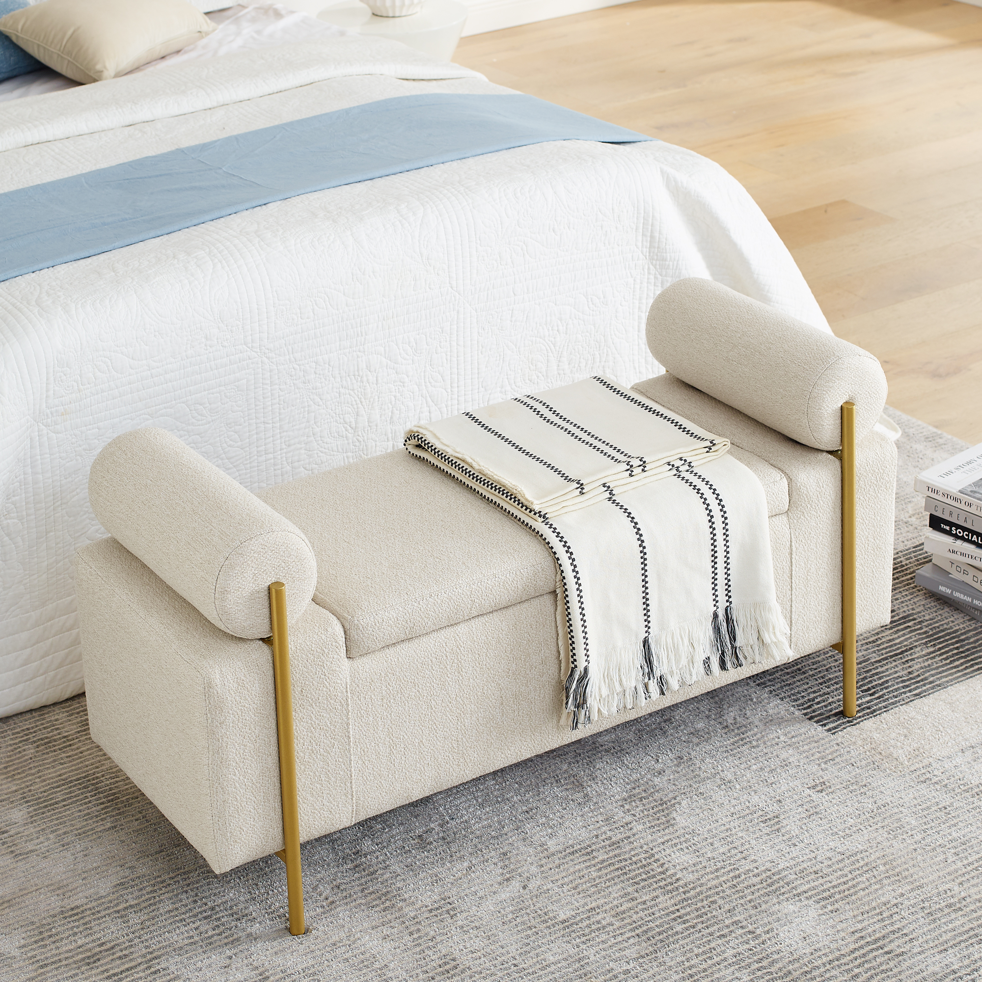 Elegant Upholstered Linen Storage Bench with Cylindrical Arms and Iron Legs for Hallway Living Room Bedroom, Beige - Image 5