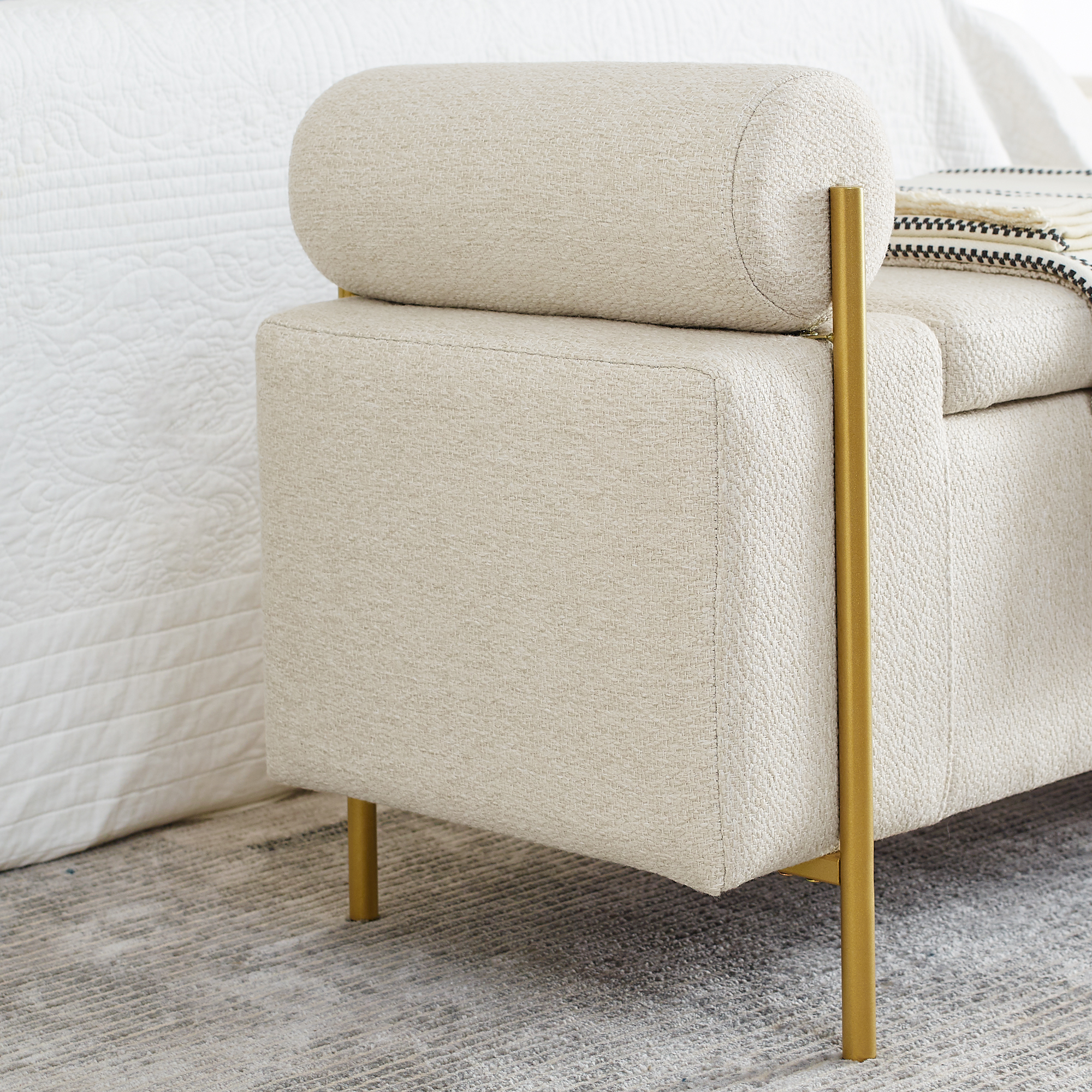 Elegant Upholstered Linen Storage Bench with Cylindrical Arms and Iron Legs for Hallway Living Room Bedroom, Beige - Image 6