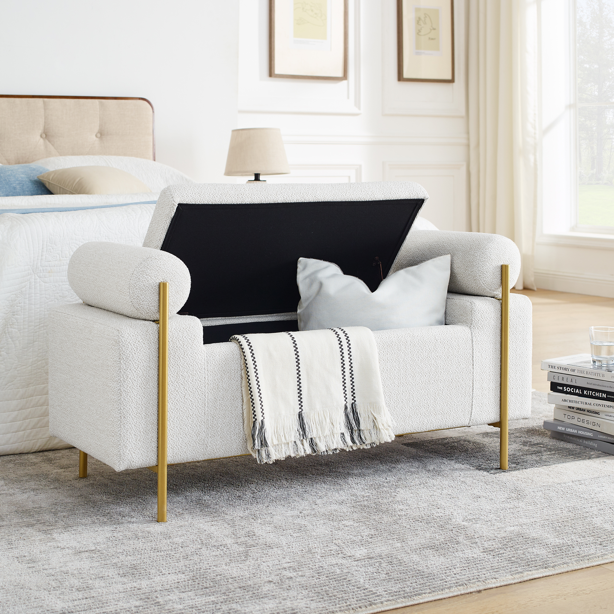 Elegant Upholstered Linen Storage Bench with Cylindrical Arms and Iron Legs for Hallway Living Room Bedroom, White - Image 2