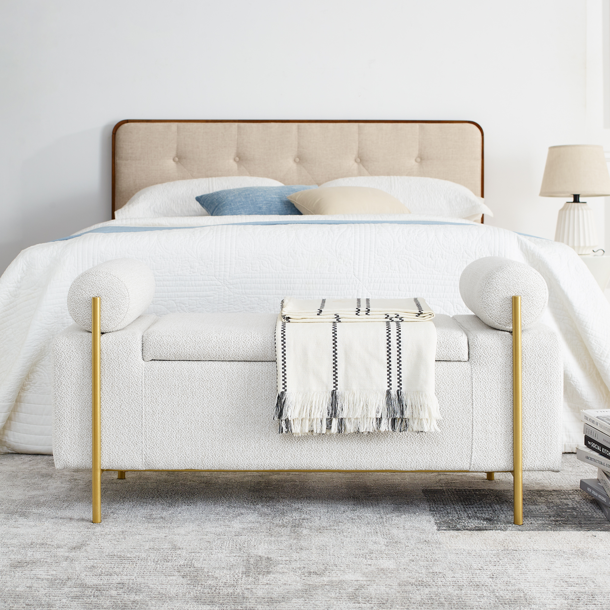 Elegant Upholstered Linen Storage Bench with Cylindrical Arms and Iron Legs for Hallway Living Room Bedroom, White - Image 3