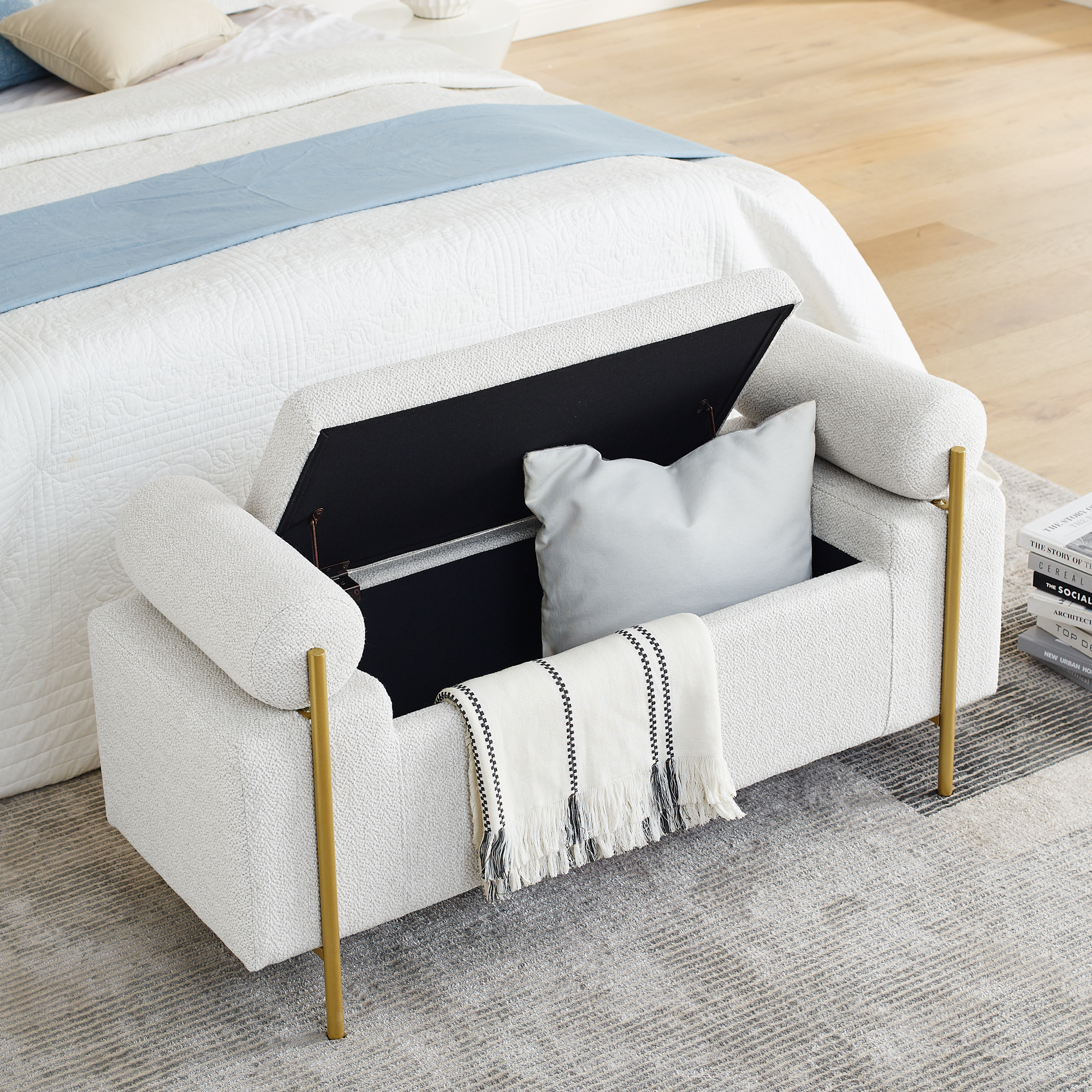 Elegant Upholstered Linen Storage Bench with Cylindrical Arms and Iron Legs for Hallway Living Room Bedroom, White - Image 4