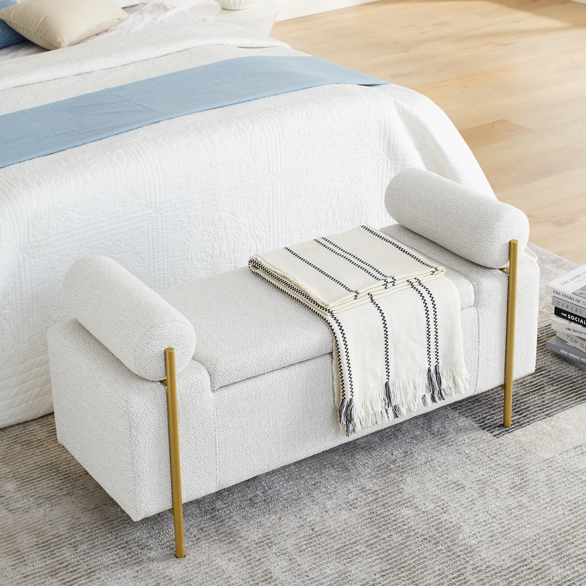 Elegant Upholstered Linen Storage Bench with Cylindrical Arms and Iron Legs for Hallway Living Room Bedroom, White - Image 5
