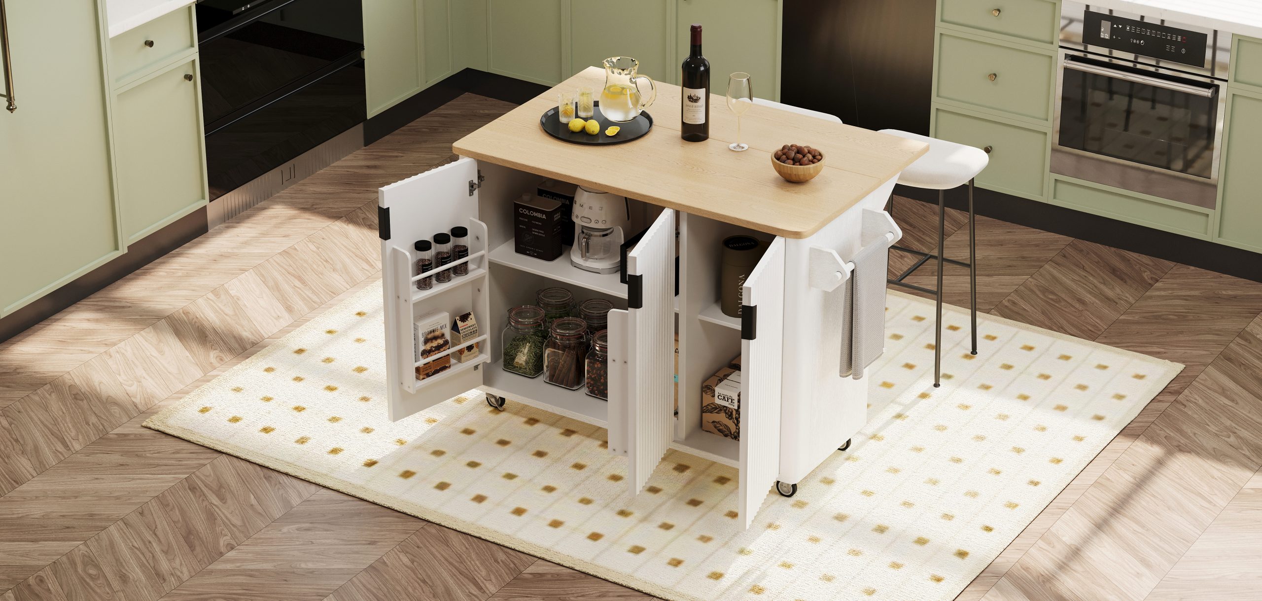 K&K 51" Fluted Kitchen Island with Drop Leaf, Farmhouse Accent Kitchen Island on Wheels with Internal Storage Rack, Rolling Kitchen Cart with Towel Rack for Kitchen, Dining Room, White Ash - Image 2