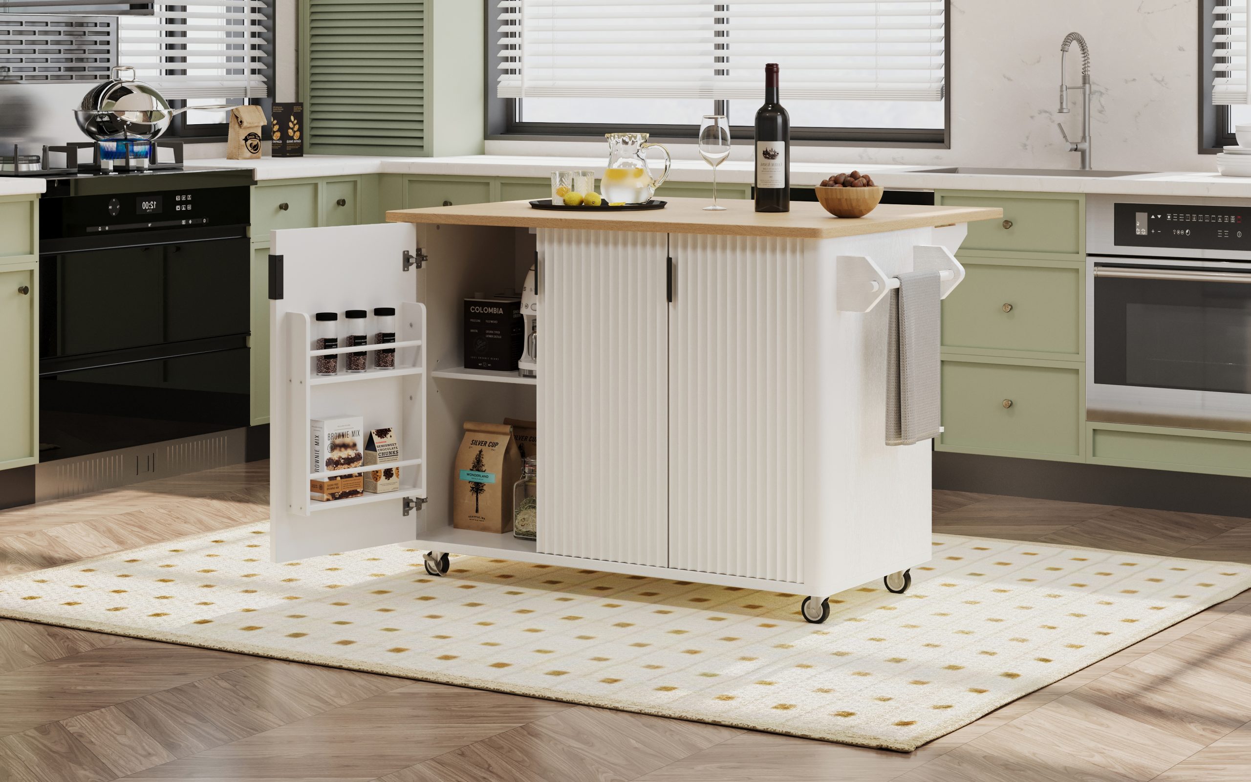 K&K 51" Fluted Kitchen Island with Drop Leaf, Farmhouse Accent Kitchen Island on Wheels with Internal Storage Rack, Rolling Kitchen Cart with Towel Rack for Kitchen, Dining Room, White Ash - Image 3